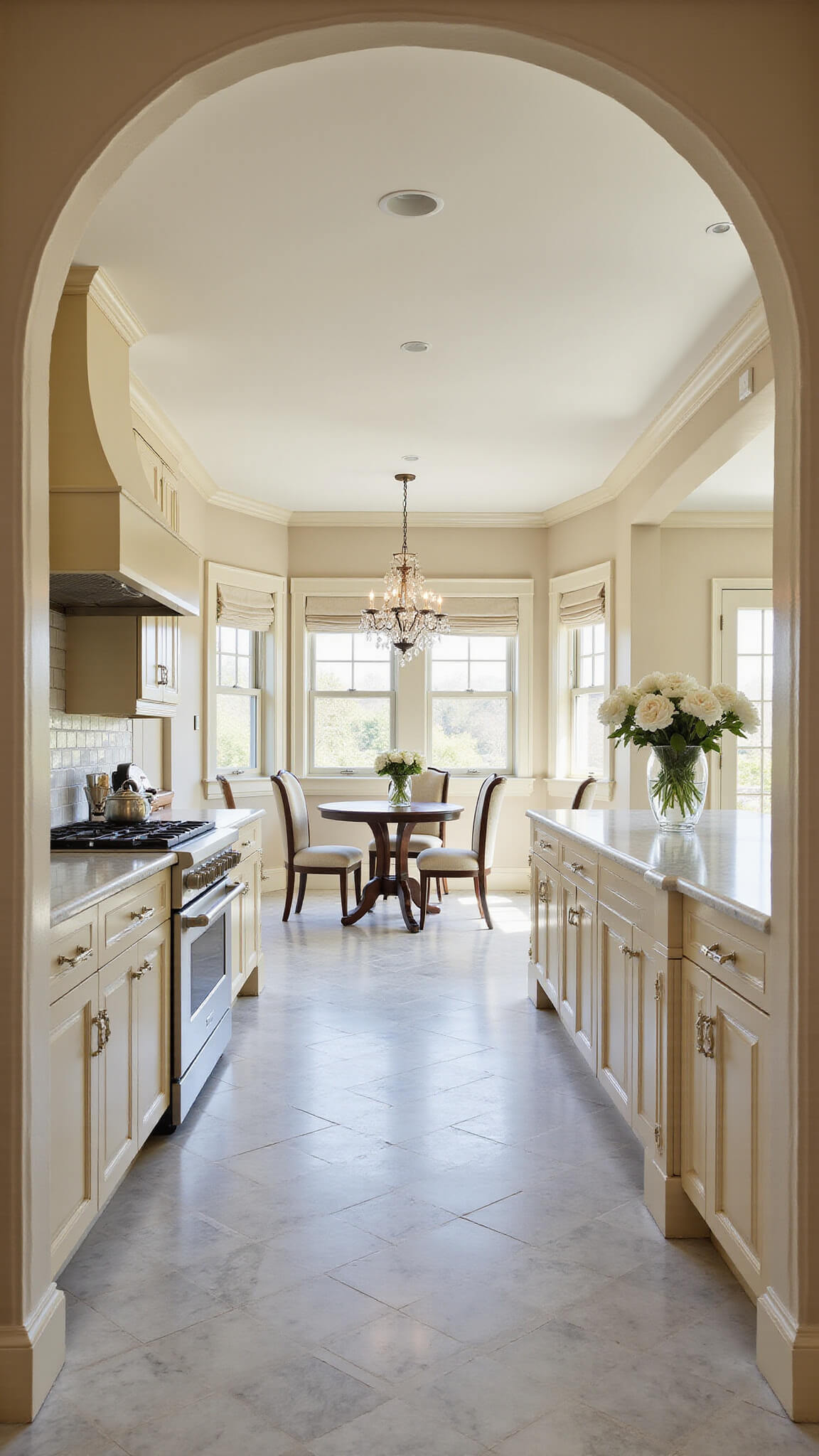 Elegant 18x22ft kitchen with cream cabinets, quartzite countertops, Wolf range, crystal chandelier, and herringbone marble floor, bathed in golden hour light.