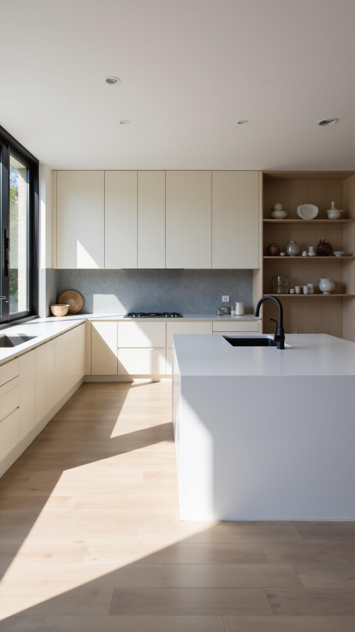 Contemporary minimalist 12x16ft kitchen with cream flat-panel cabinets, white quartz waterfall island, matte black faucet, floating shelves, and floor-to-ceiling windows casting dramatic midday shadows.
