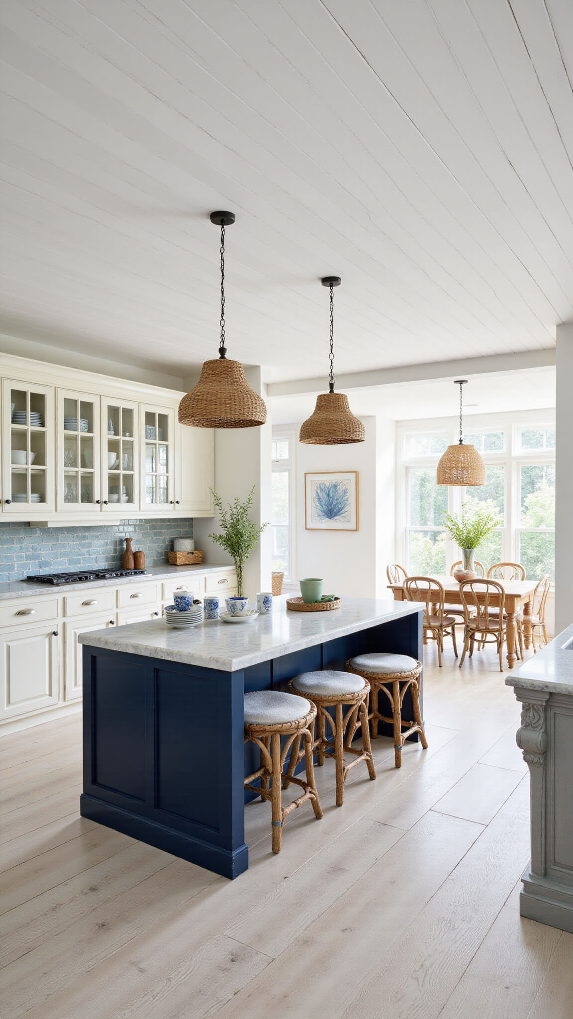Bright coastal kitchen with cream cabinets, navy island, rattan pendants, sea glass backsplash, and whitewashed floors.