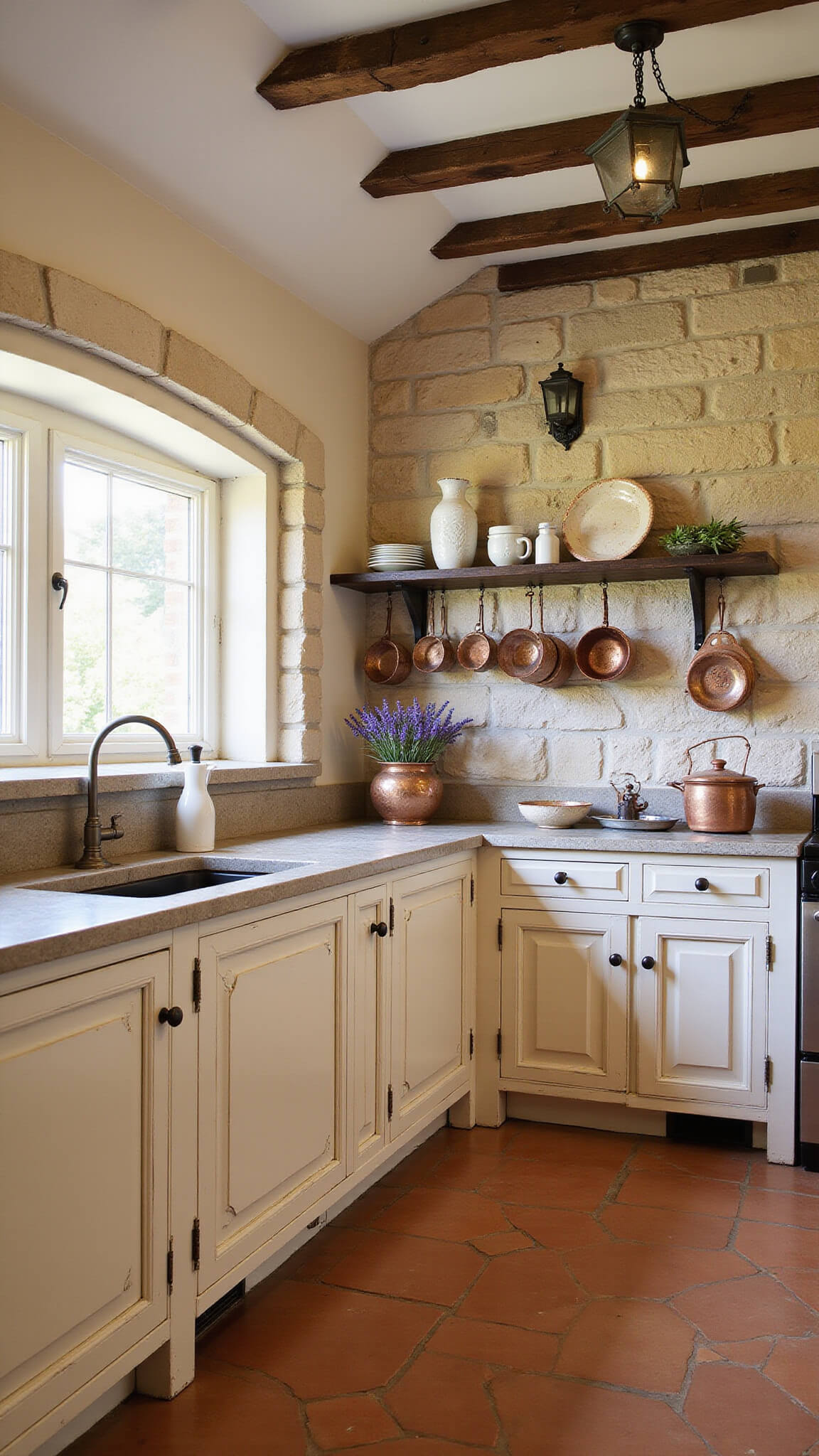 Rustic French country kitchen with exposed stone wall, cream distressed cabinets, terra cotta floors, and copper pots under warm natural and artificial light.
