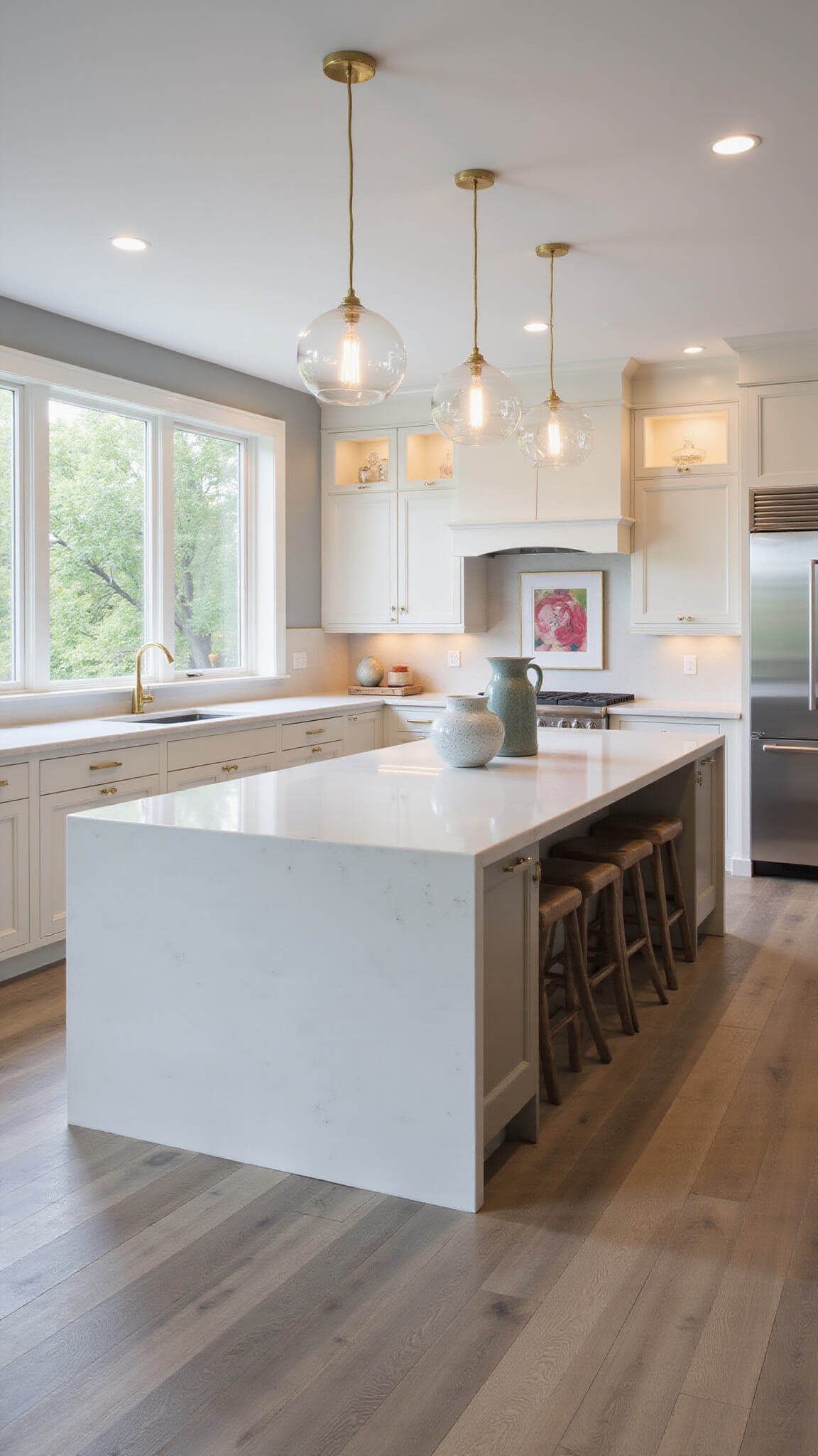 Sophisticated modern classic kitchen with cream cabinets, white quartz surfaces, glass pendants, and wide-plank gray oak floors, bathed in soft afternoon light.