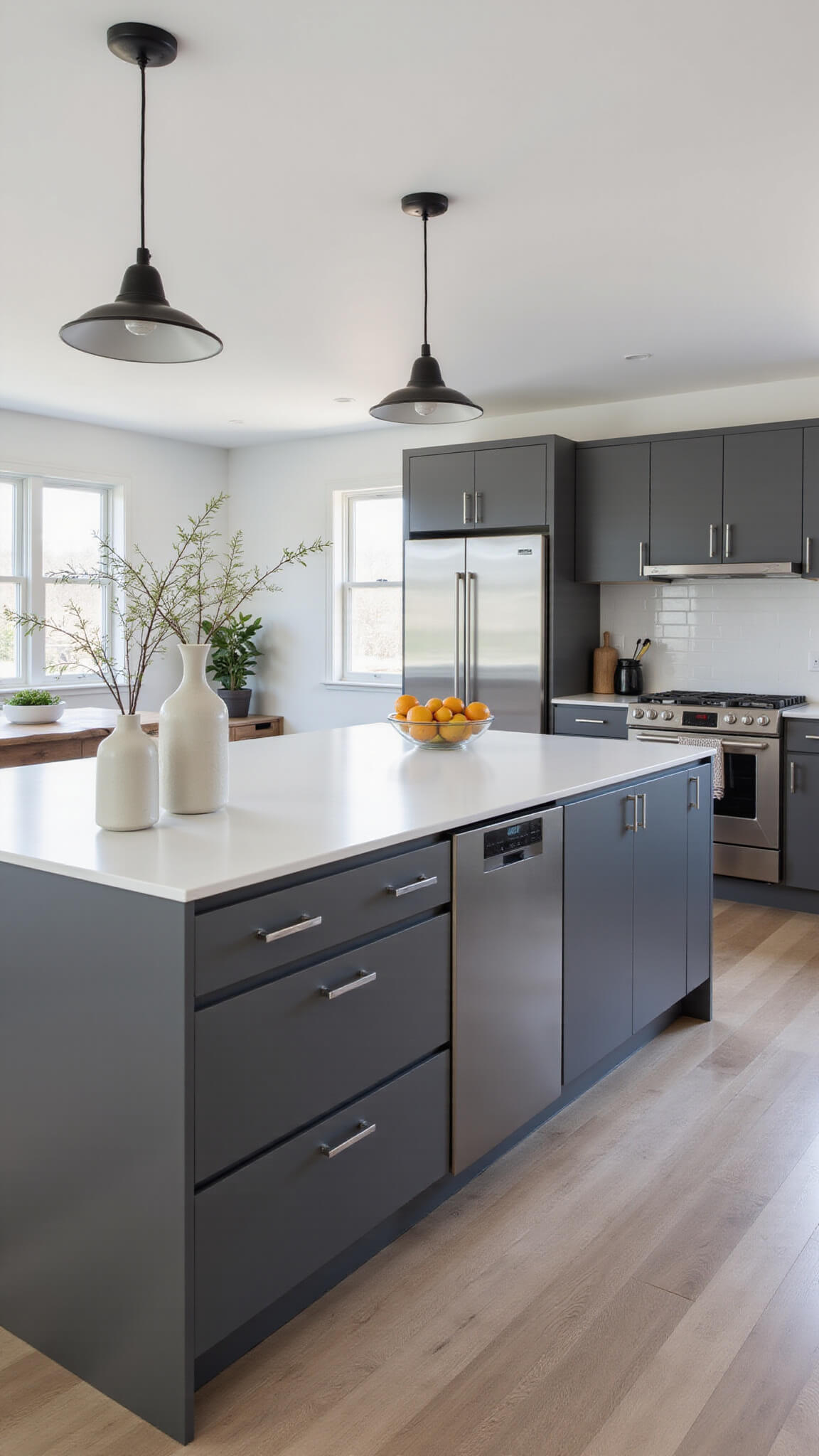 Modern open-concept kitchen with matte charcoal aluminium cabinets, white quartz island, stainless steel appliances, and floor-to-ceiling windows in morning light.