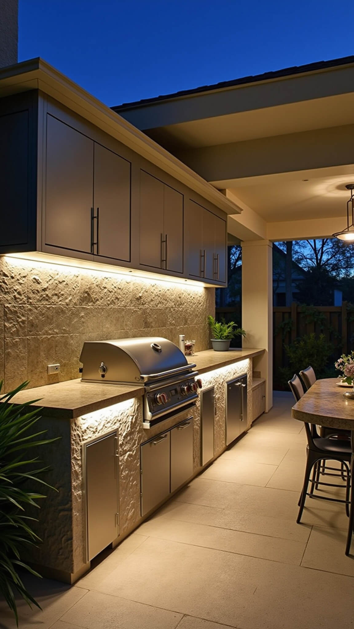 Twilight view of covered outdoor kitchen with champagne brushed aluminum cabinets, textured stone countertops, integrated LED lighting, and professional grill, framed by tropical plants.