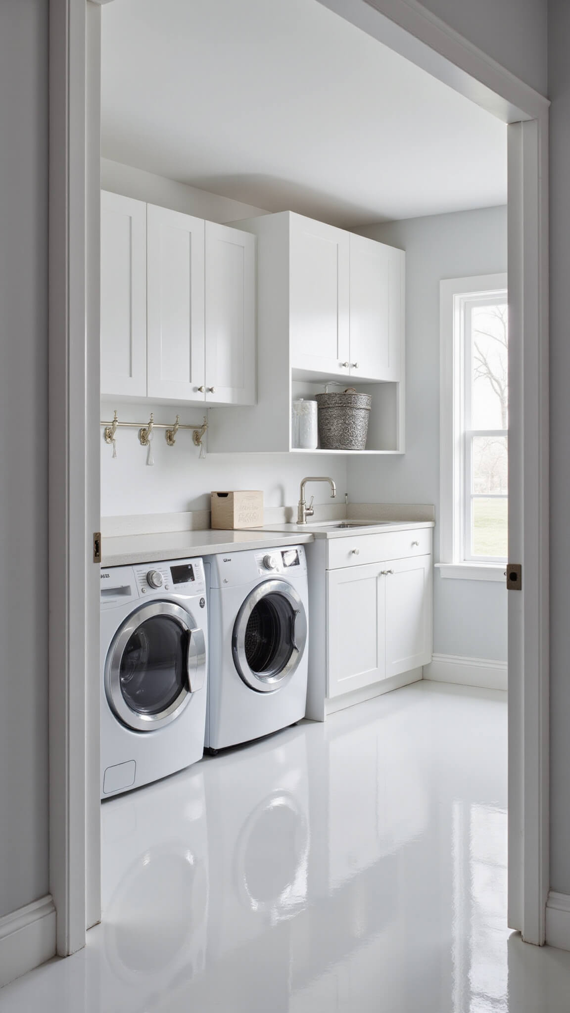 Modern white utility room with aluminum cabinets, wall-mounted laundry system, and glossy epoxy floor reflecting LED lighting.