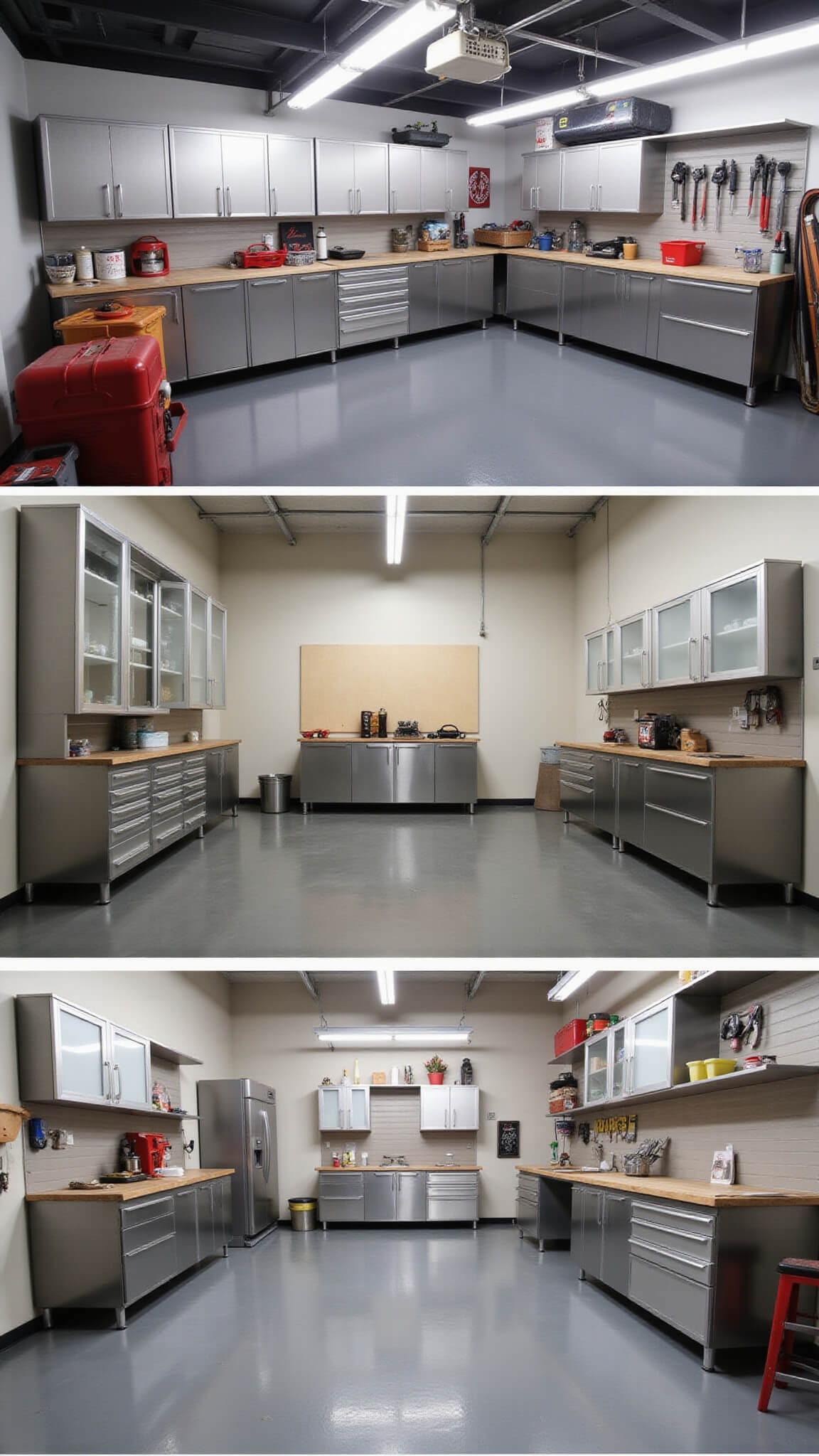 Industrial-style 20x24ft garage workshop with gunmetal grey aluminum cabinets, epoxy floor, overhead fluorescent lighting, glass-fronted tool storage, and red accent details arranged diagonally.