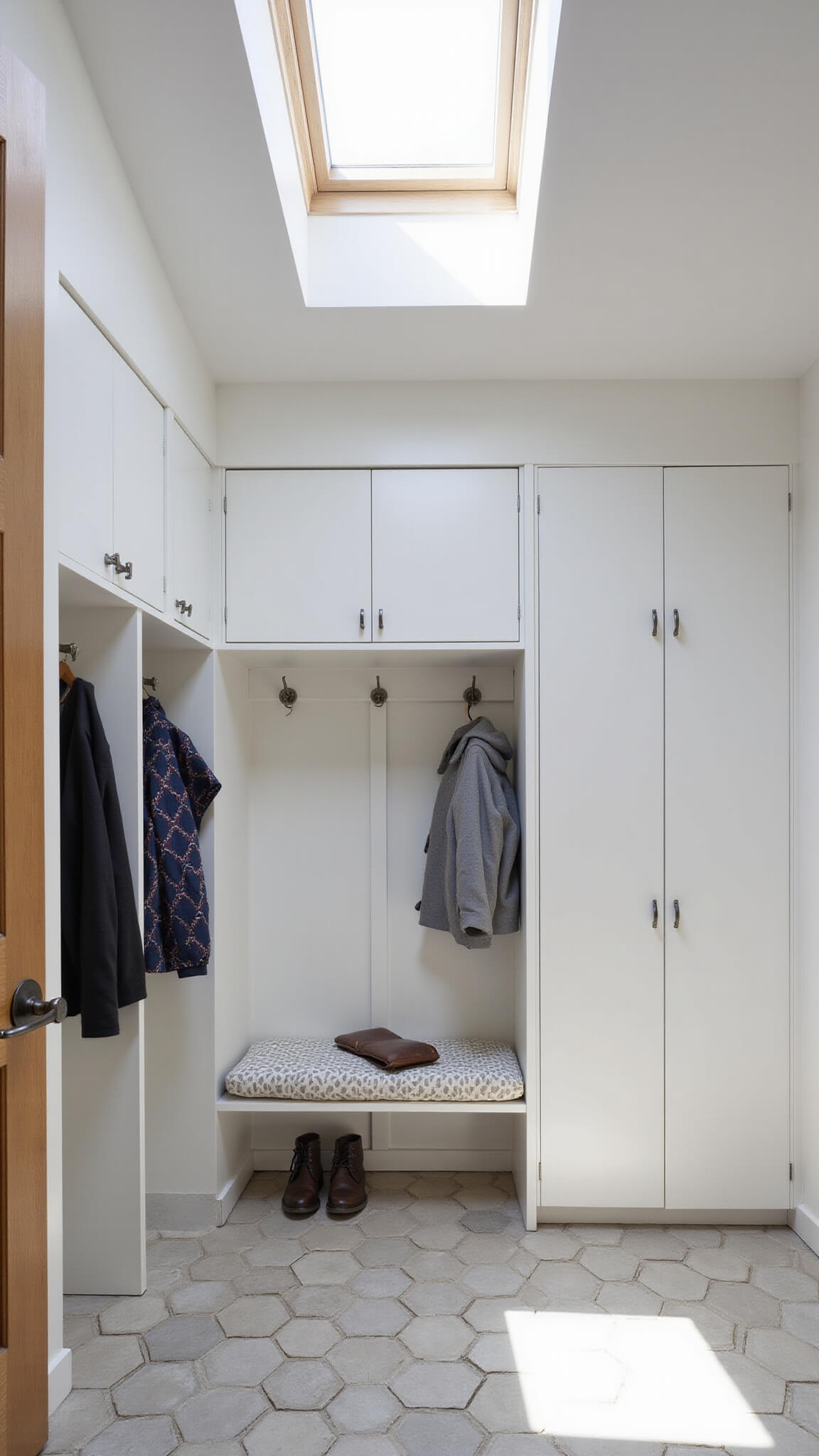 Compact modern 6x8ft mudroom with pearl white aluminum storage, skylight lighting, geometric bench cushion, hexagonal tile floor, and designer outerwear.