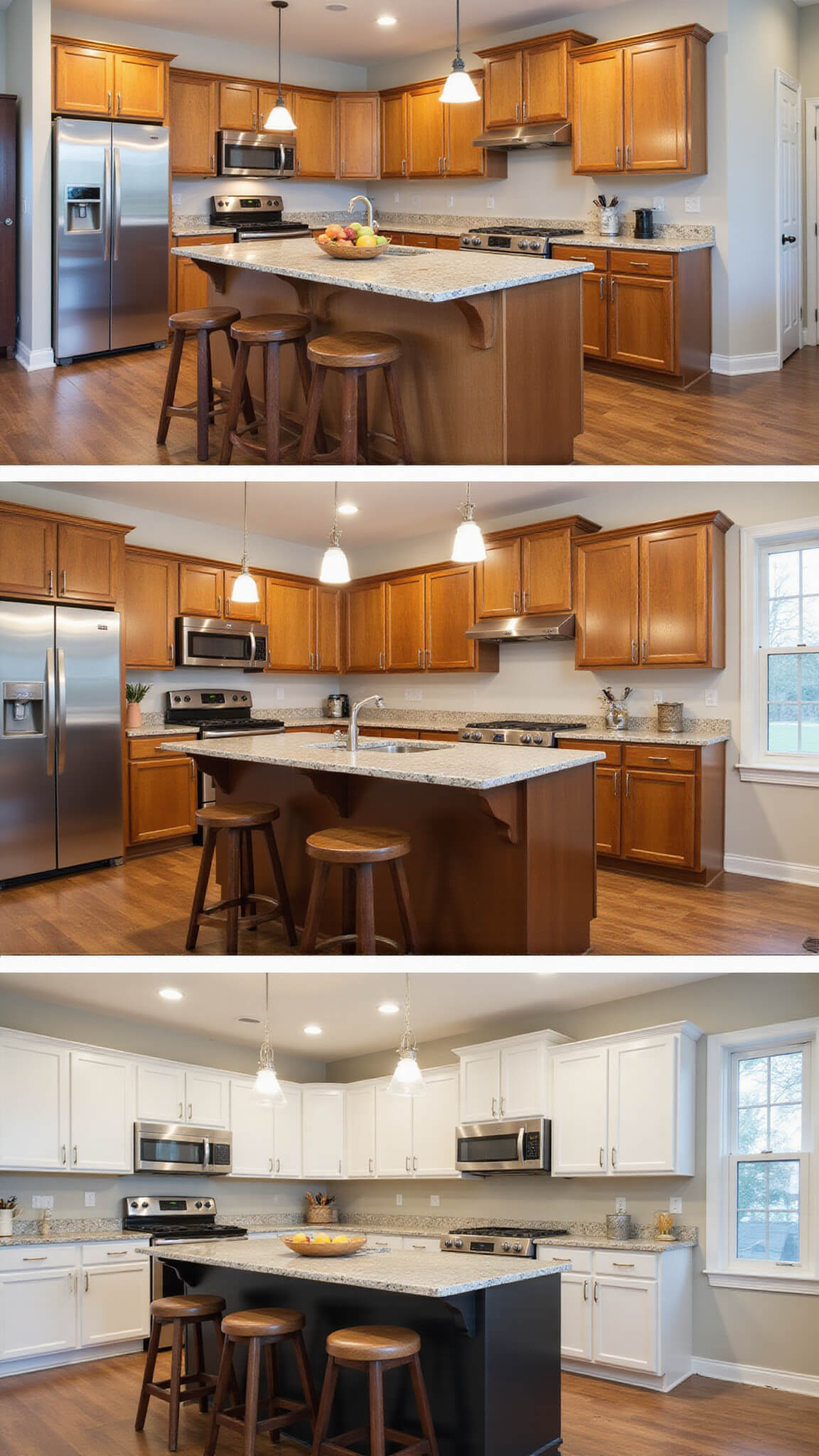 Split-scene kitchen with traditional wood cabinets on the left and modern aluminum on the right, identical 15x15ft layouts under studio lighting highlighting material contrasts.