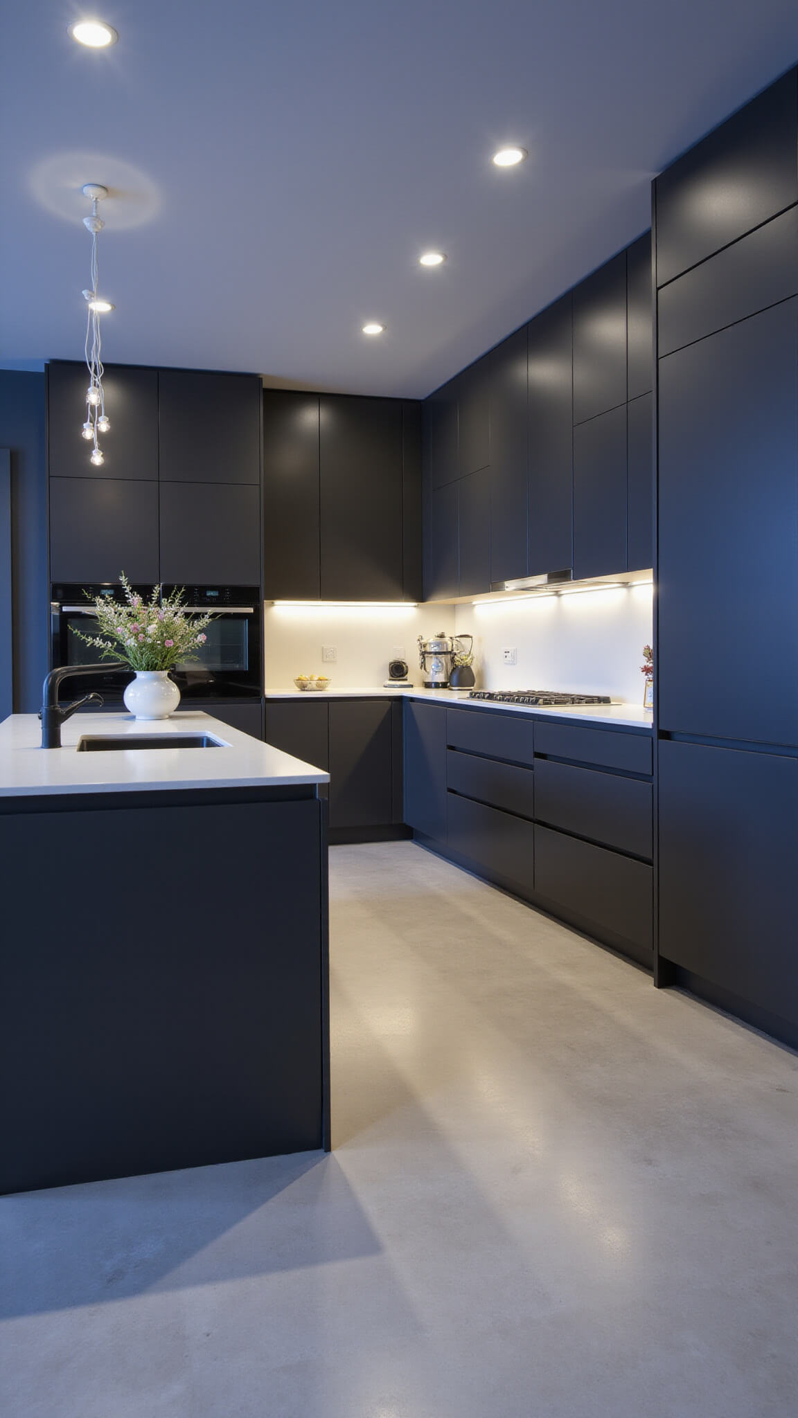 Ultra-modern minimalist kitchen with anthracite aluminum cabinets, monolithic island, double-height ceiling, and dramatic floral arrangement, photographed at blue hour with mixed lighting.
