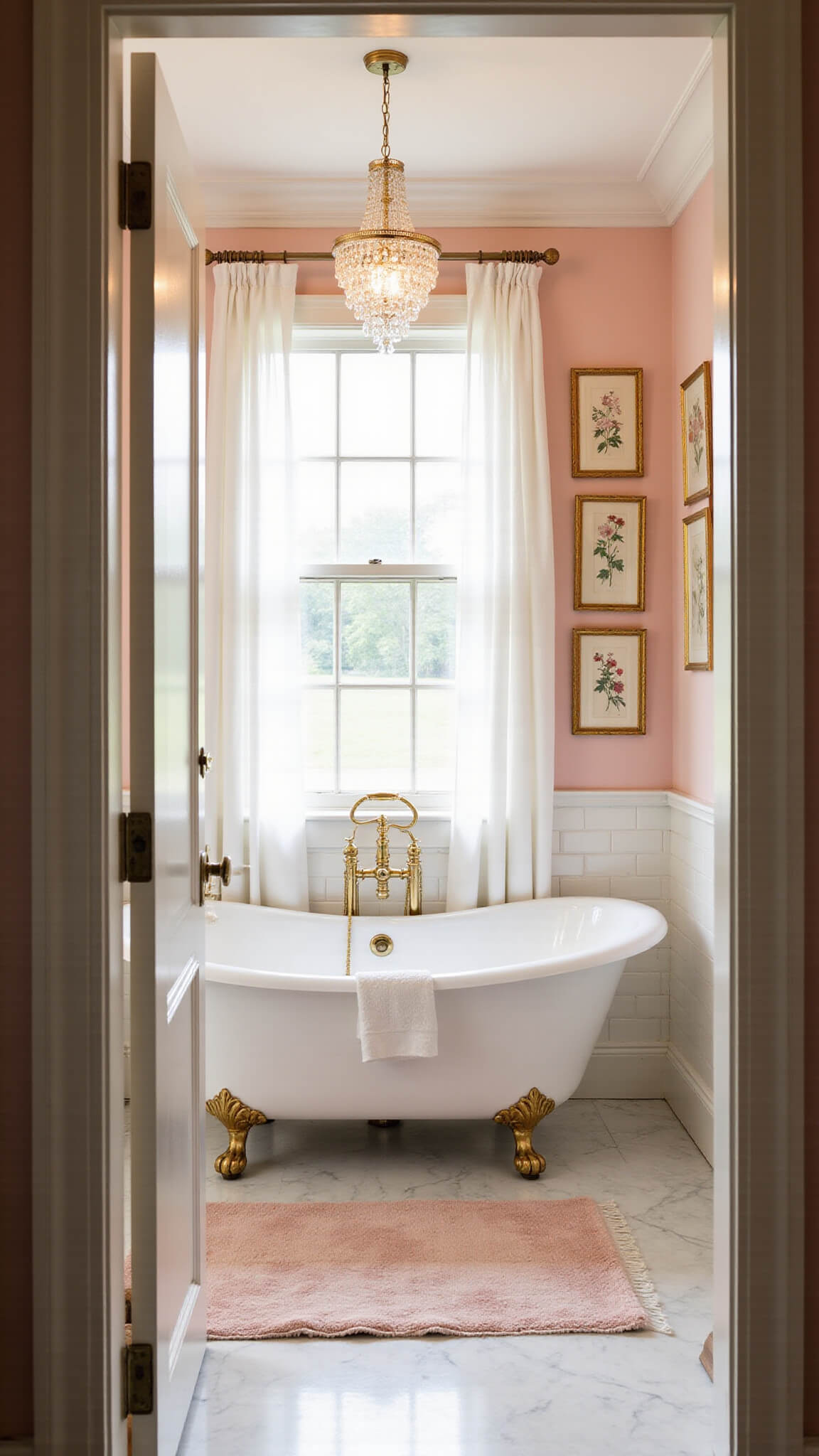 Sunlit vintage bathroom with blush pink walls, clawfoot tub under sheer-curtained window, marble floors, gold botanical prints, and brass fixtures.