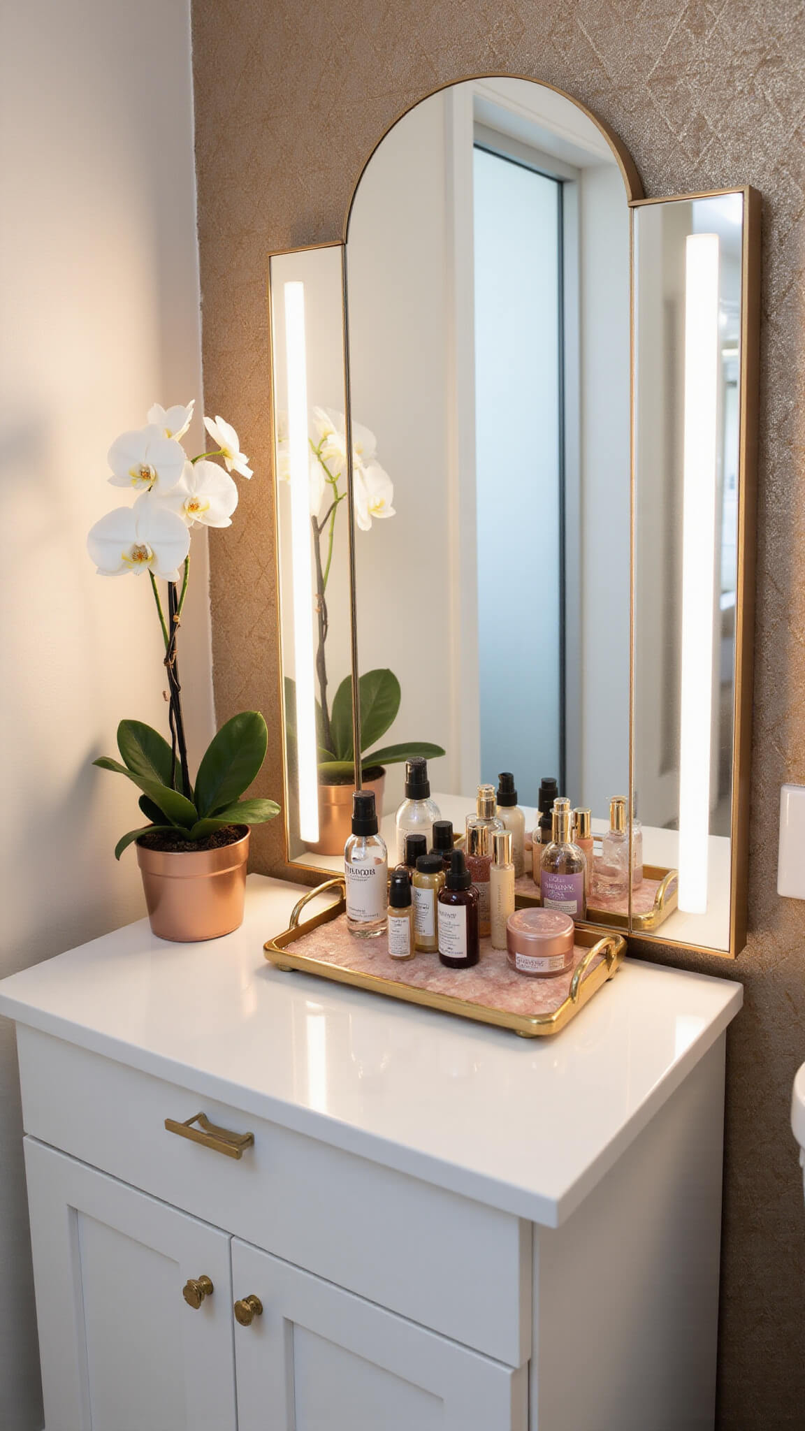 High-angle view of a modern corner vanity in a 6x8 powder room with pink quartz top, gold tray of beauty products, backlit round mirror, champagne geometric wallpaper, and a white orchid in a rose gold pot.