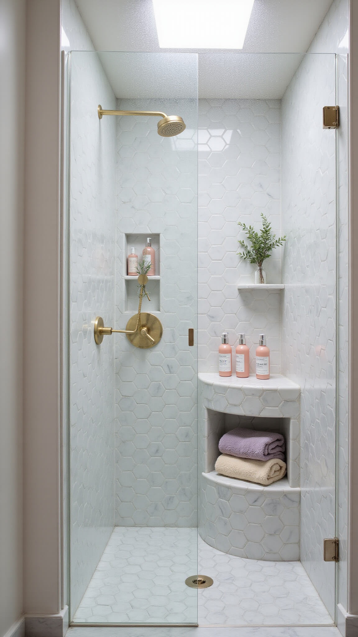 Steamy marble shower with brass fixtures, eucalyptus bundle, and pastel toiletries viewed through fogged glass.