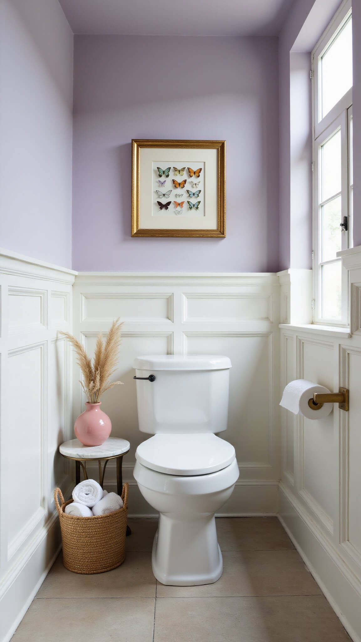 Low-angle view of a luxe toilet area with pale lavender walls, white wainscoting, gold butterfly art above a modern white toilet, marble side table with pampas grass in pink vase, rattan basket with white towels, and brass accessories in soft afternoon light.