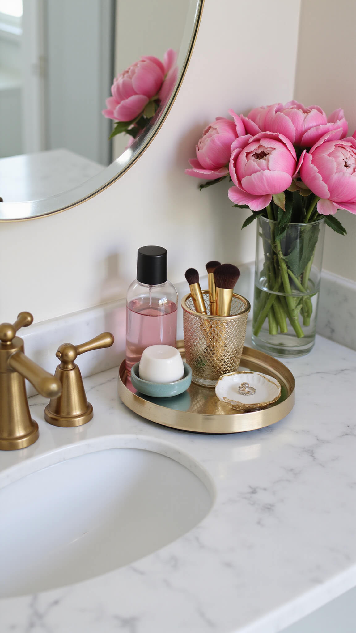 White marble vanity top with beauty essentials on mirrored tray, pink perfume bottles, gold makeup brushes, and fresh pink peonies reflecting in mirror.