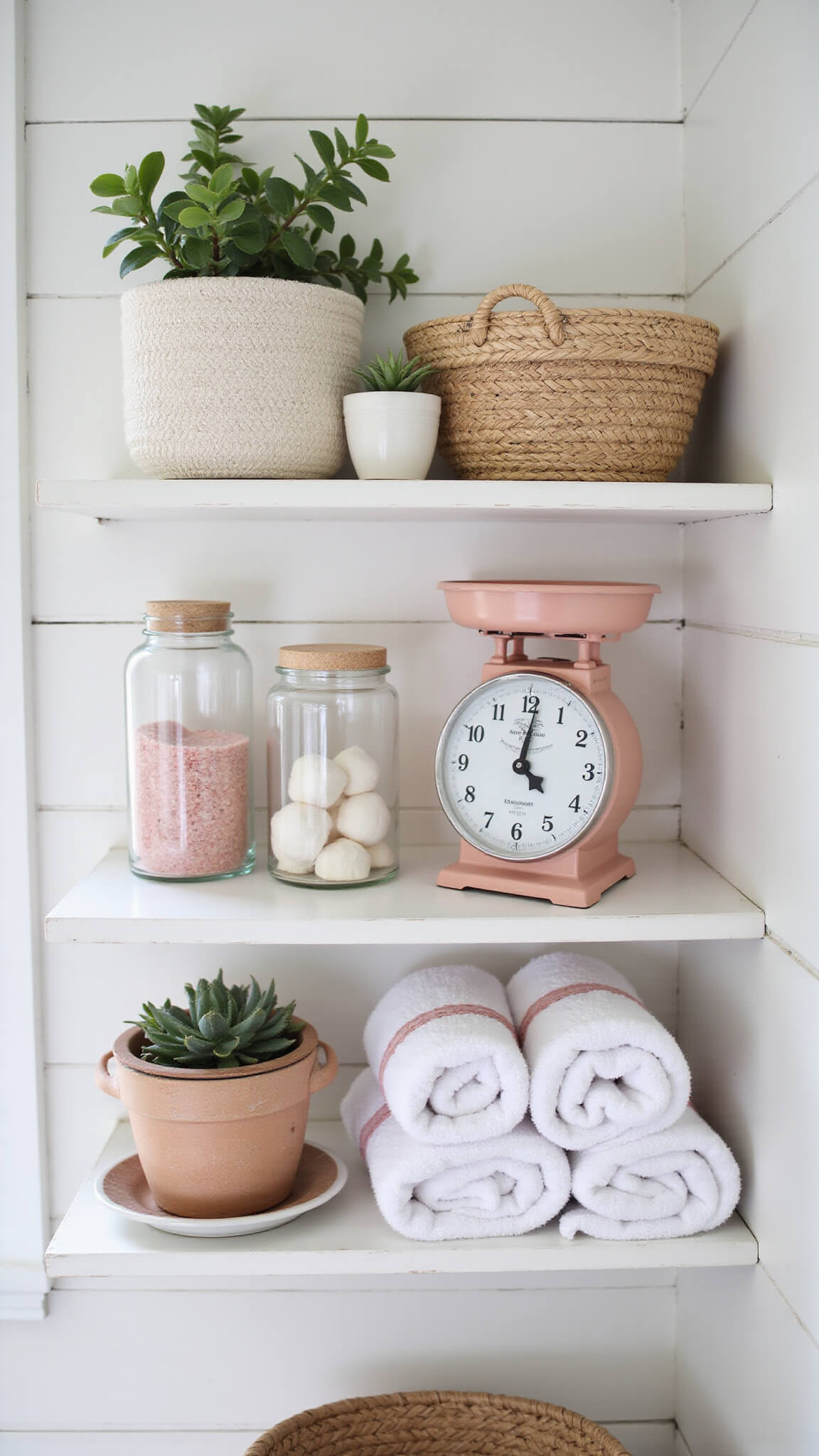 Modern farmhouse bathroom storage with white open shelves, woven baskets, pink accents, apothecary jars, vintage scale, succulents, and rolled Turkish towels in soft afternoon light.