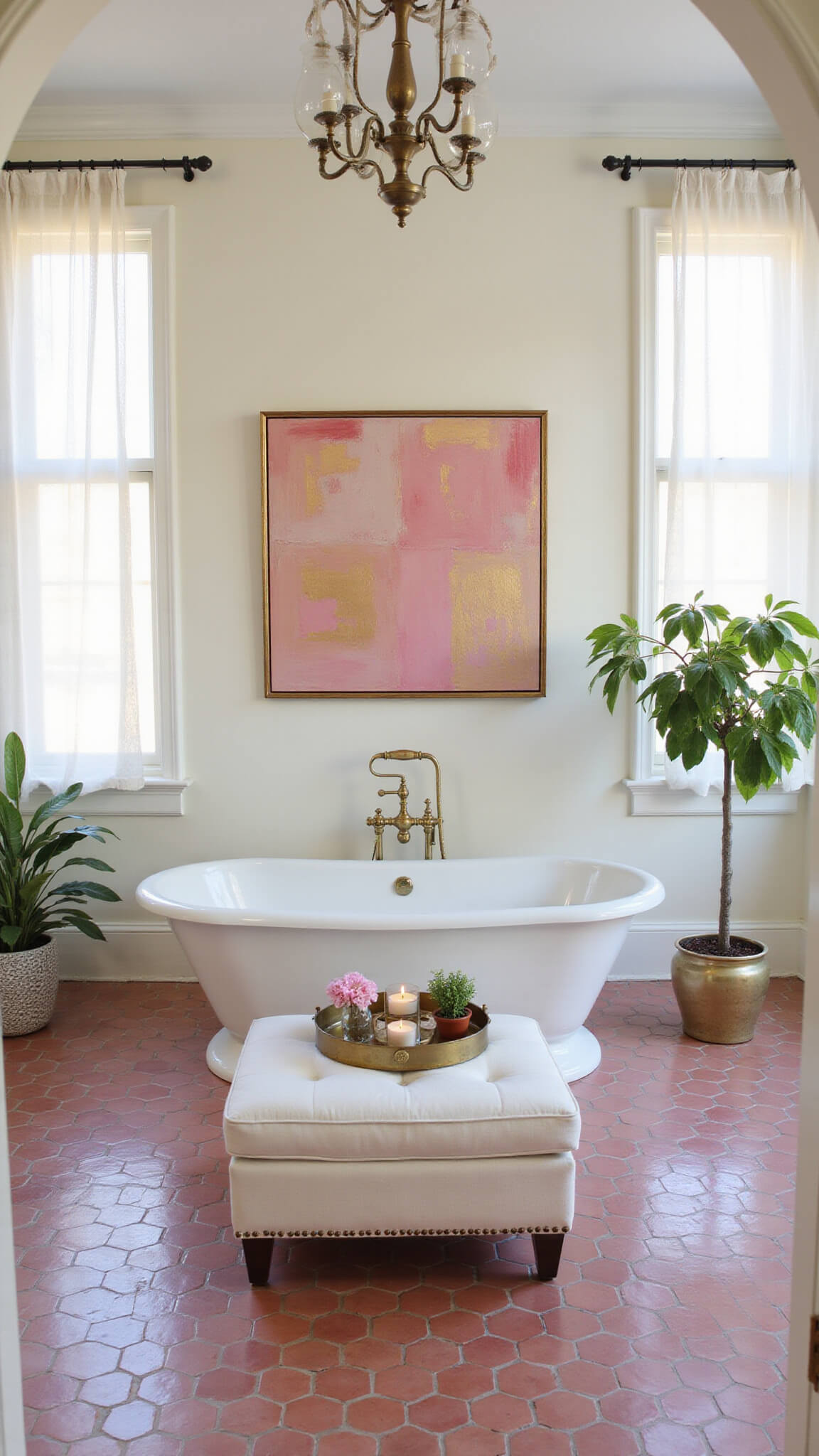 Freestanding soaking tub in pink-tiled master bath with brass chandelier, sheer white drapes, abstract pink and gold art, and natural light at golden hour.