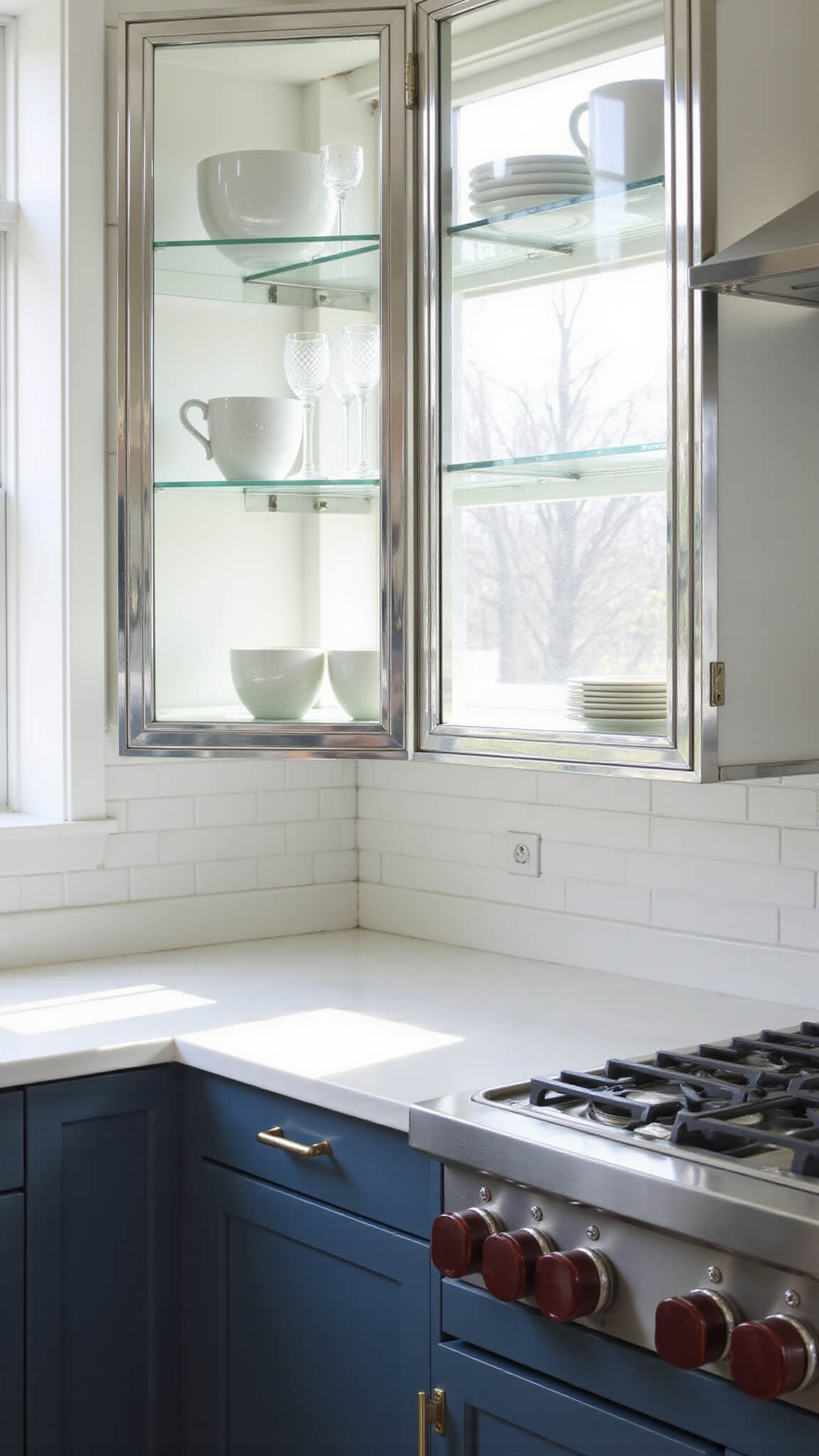 Modern 12x15ft kitchen with white quartz countertops, navy matte cabinets, glass-fronted chrome upper cabinets displaying white dinnerware, stainless steel appliances, and morning sunlight streaming through east-facing windows.