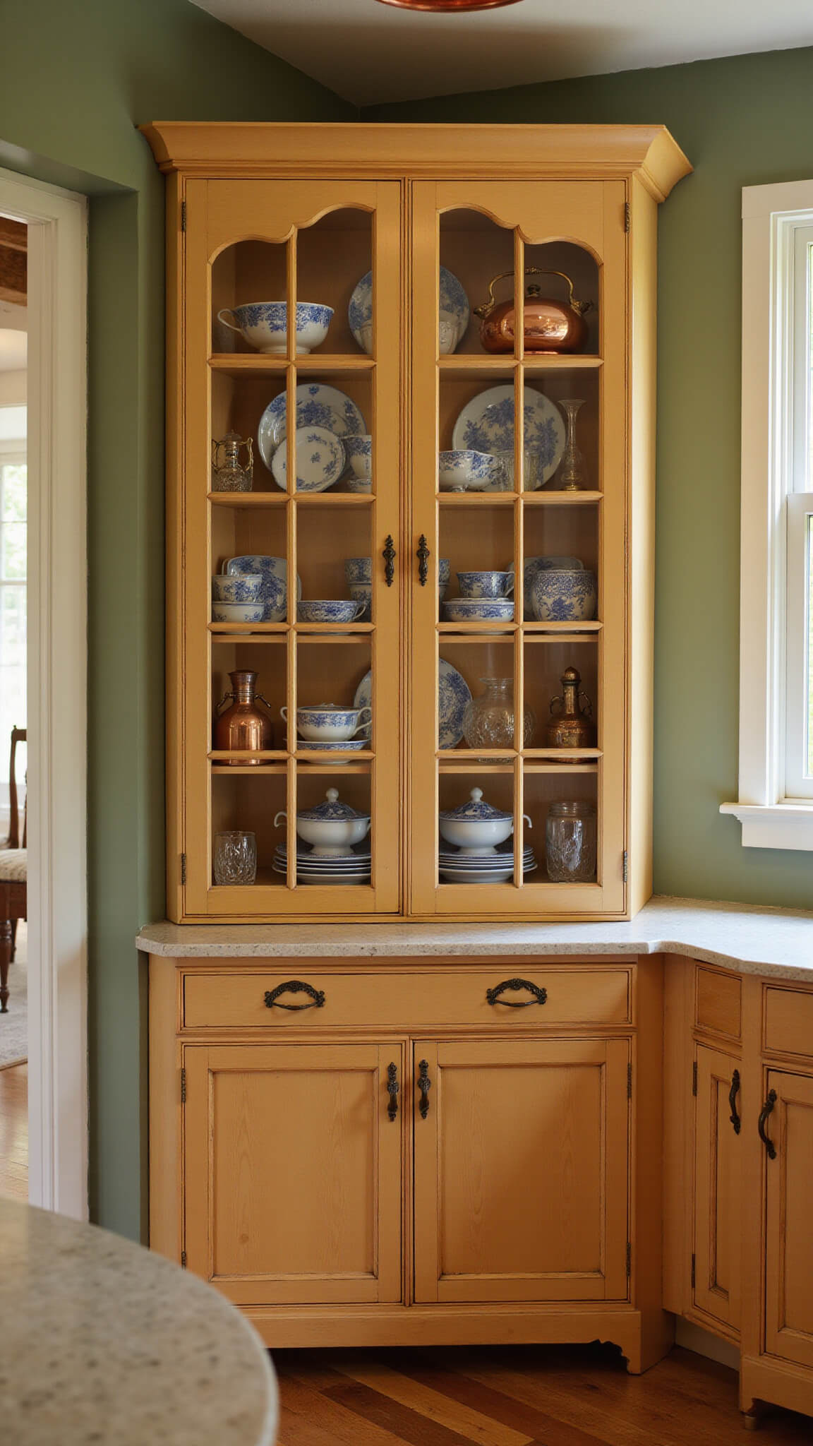 Cozy 10x12ft vintage kitchen with mullioned glass cabinets, blue and white china, copper cookware, and warm golden hour lighting.