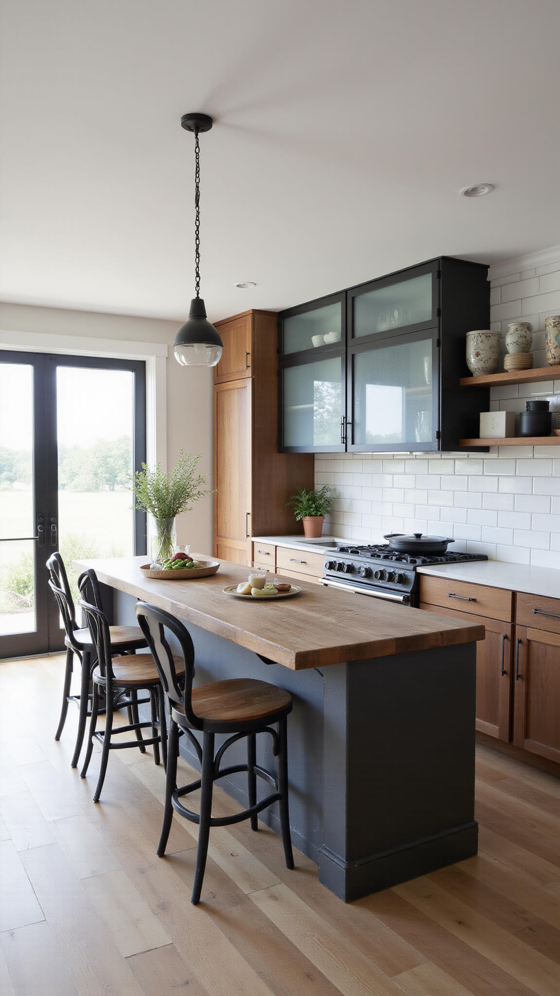 Modern farmhouse kitchen with reclaimed wood island, frosted glass cabinets, open shelving, and vintage bar stools in soft afternoon light.