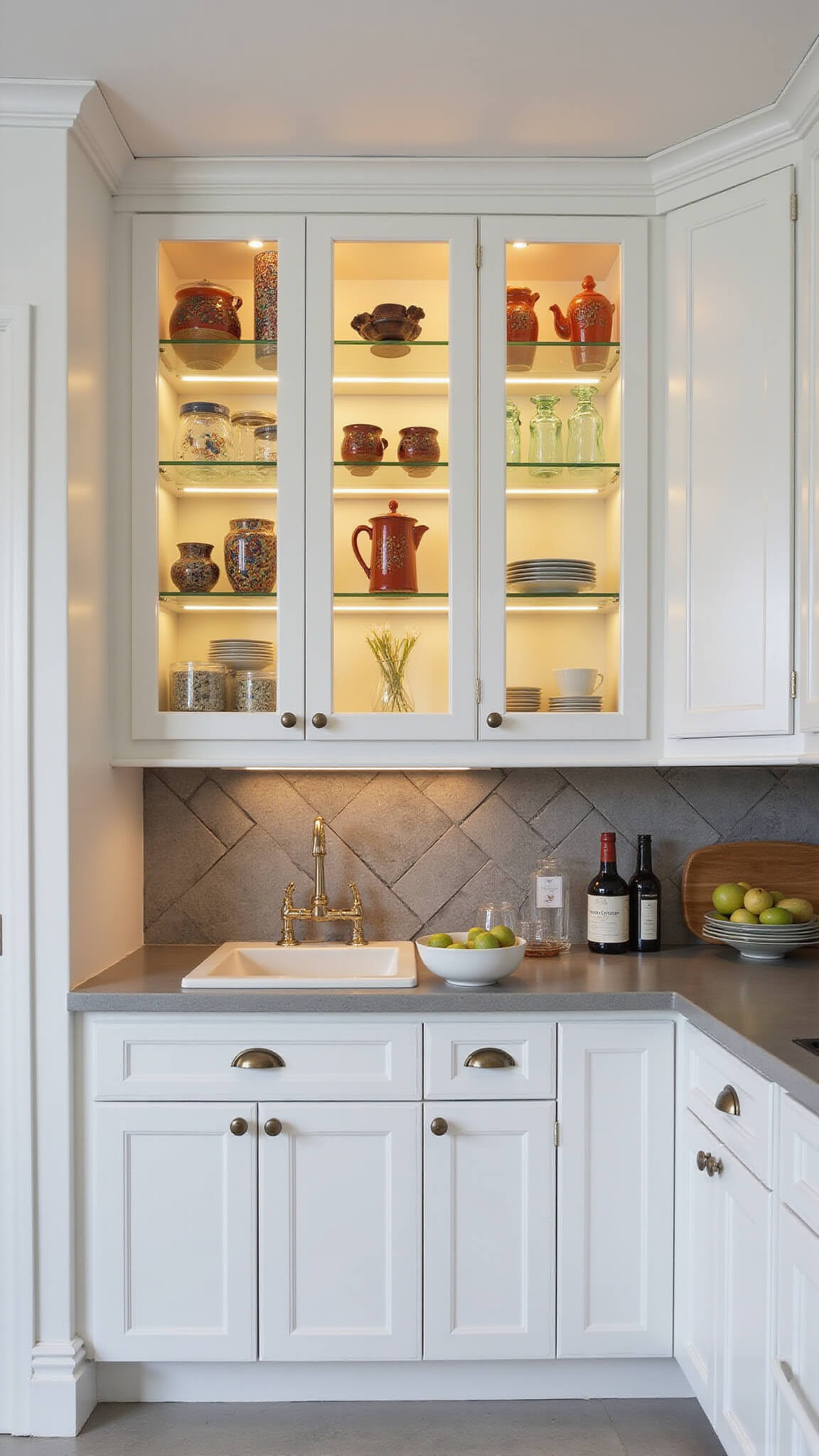 Contemporary eclectic urban kitchen with clear glass cabinets displaying Moroccan ceramics, concrete countertops, and geometric tile backsplash in bright morning light.