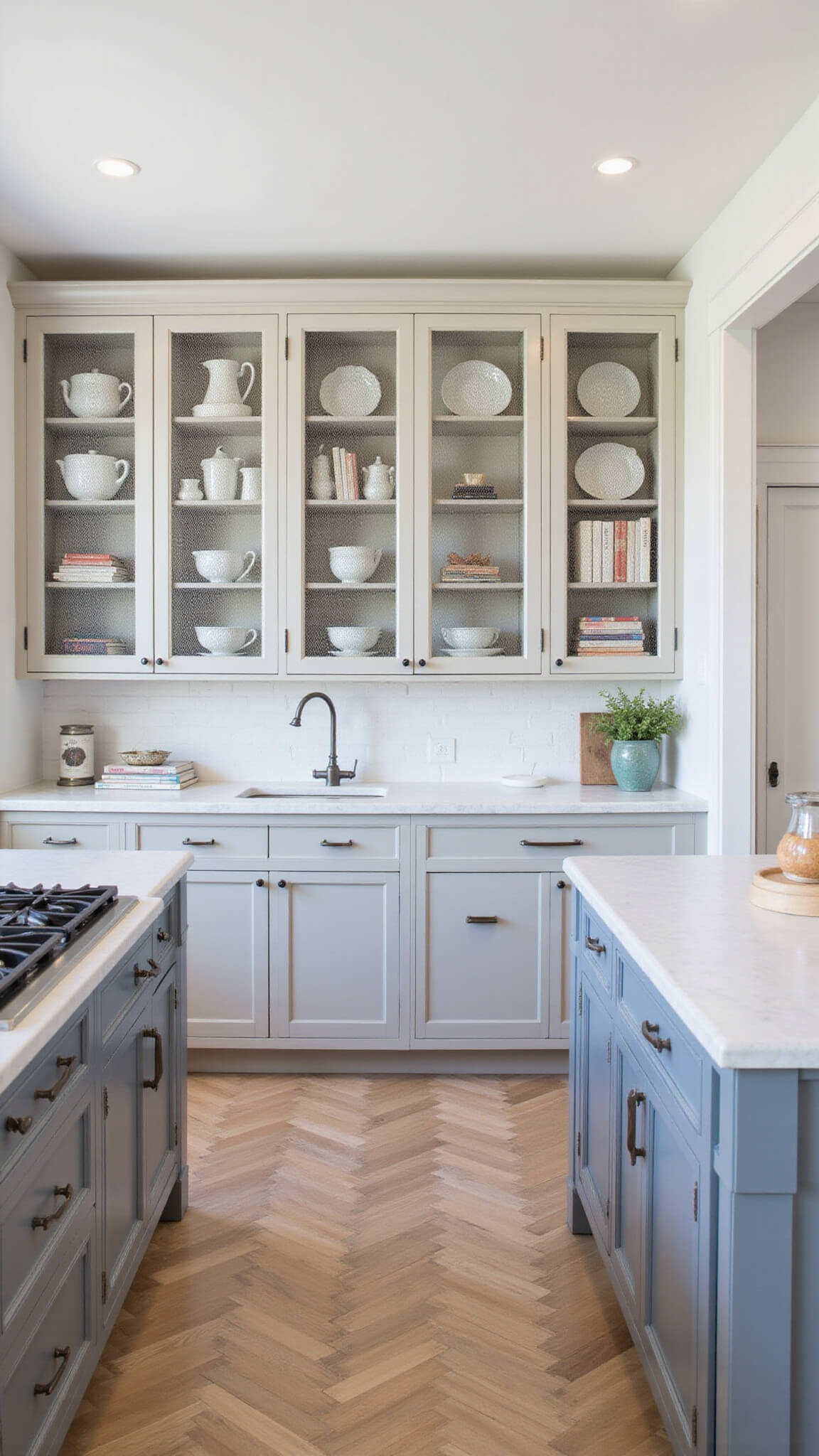 Transitional 16x18ft kitchen with gray cabinets, marble countertops, seeded glass cabinets displaying white ironstone and vintage cookbooks, herringbone floors, and soft midday natural light.