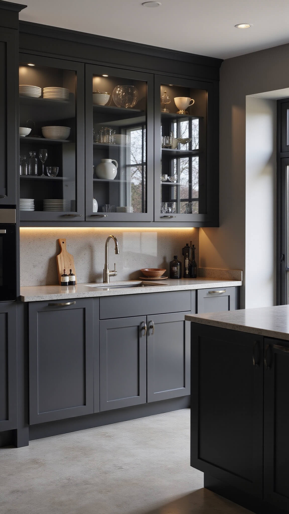 Urban minimalist 12x14ft kitchen at twilight with smoky gray glass cabinets, charcoal integrated-handle cabinetry, stone countertops, and ambient lighting.