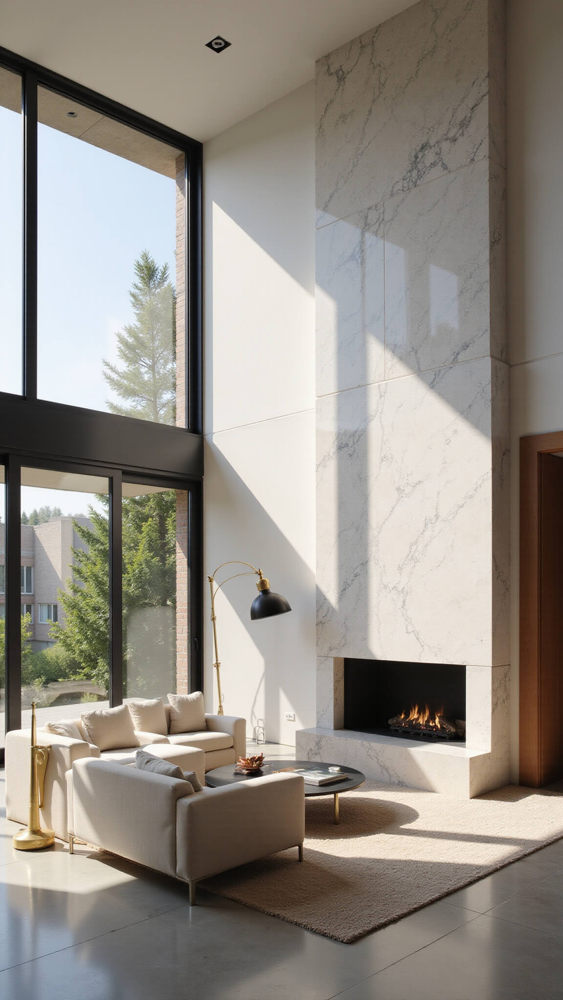 Modern grand living room with marble fireplace, cream furniture, and floor-to-ceiling windows lit by late afternoon sun.