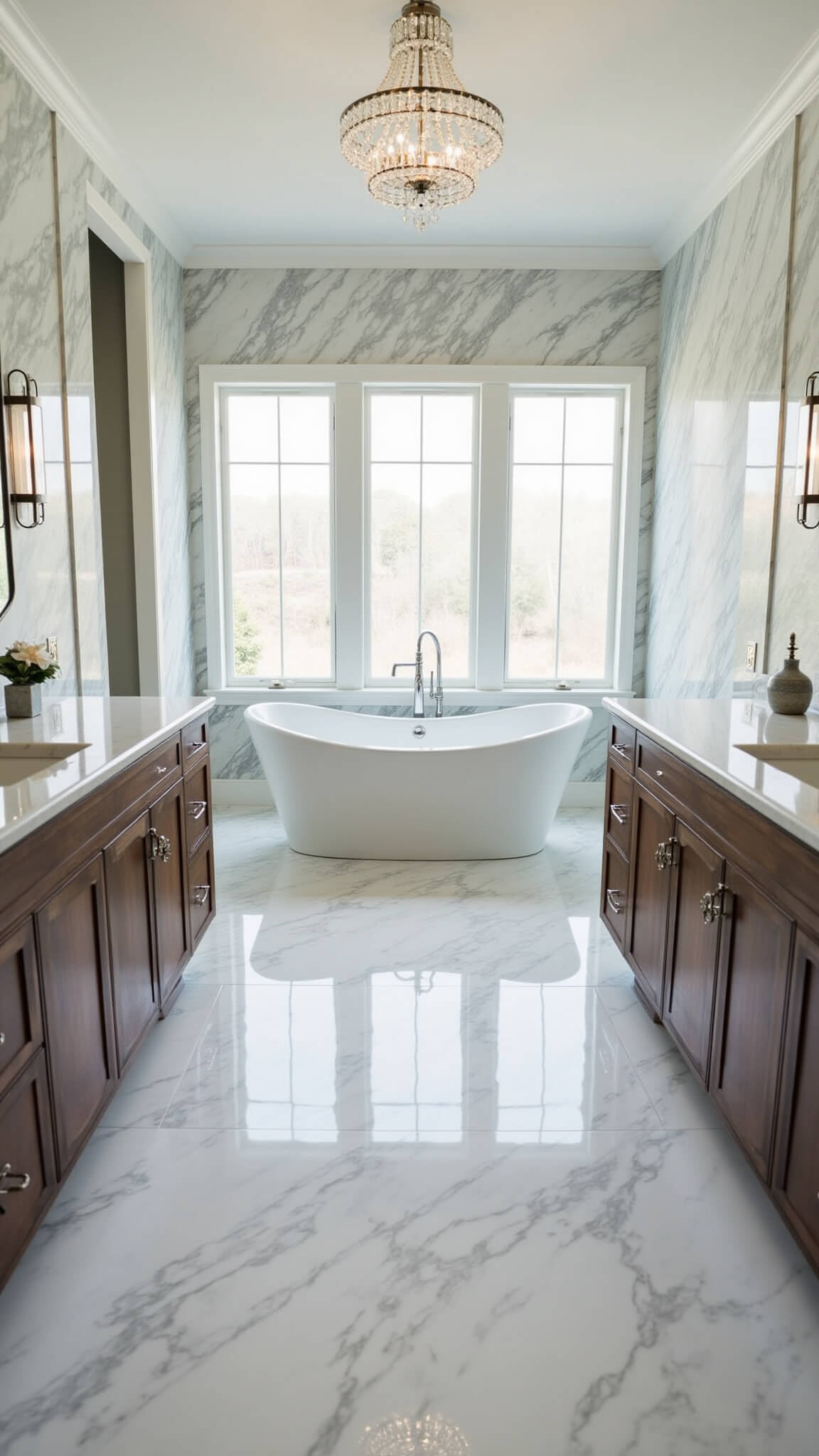 Luxurious master bathroom with Calacatta marble walls, freestanding oval tub, floating dark walnut double vanity, herringbone marble floor, and crystal chandelier in soft morning light.