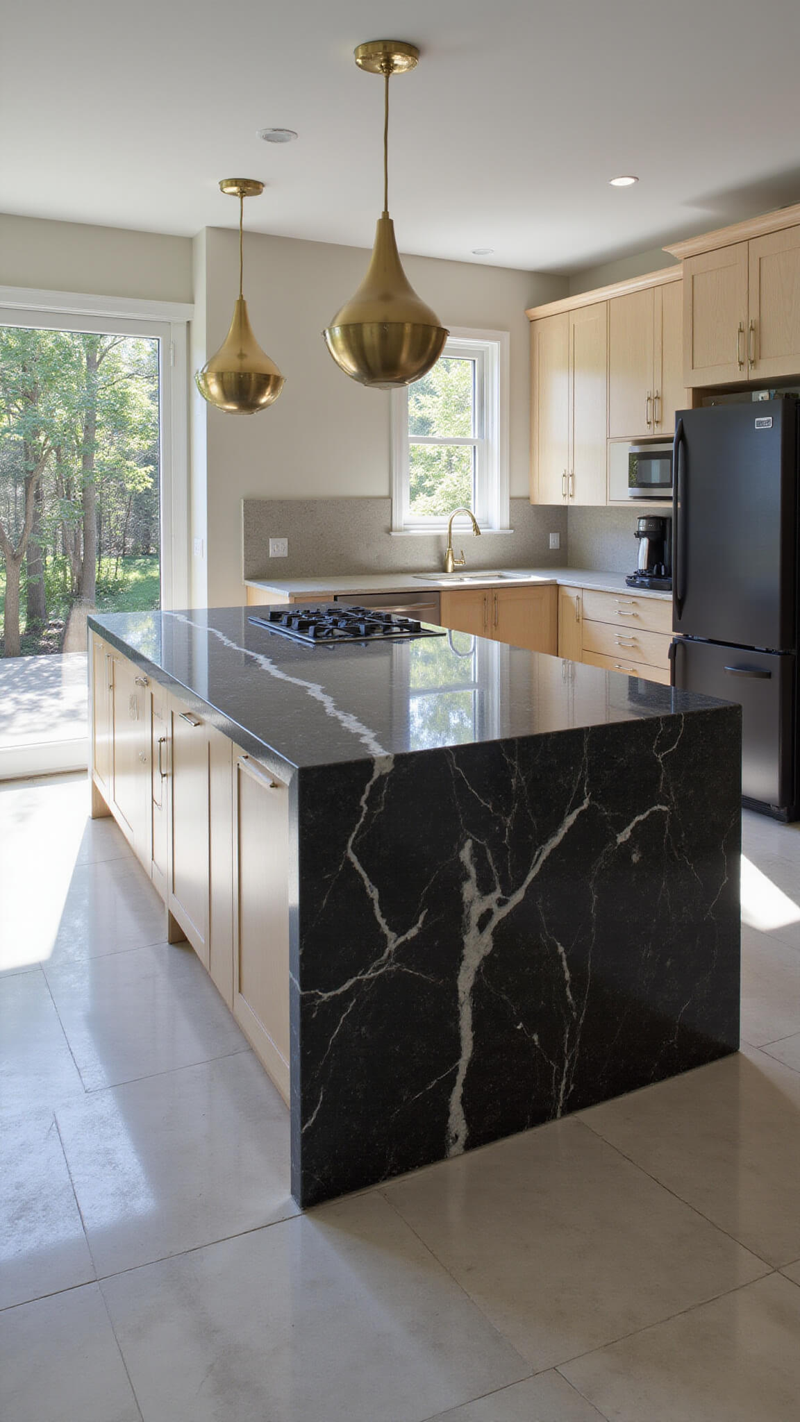 Contemporary kitchen with black granite waterfall island, brushed gold pendant lights, white oak cabinets, and floor-to-ceiling garden-view windows.