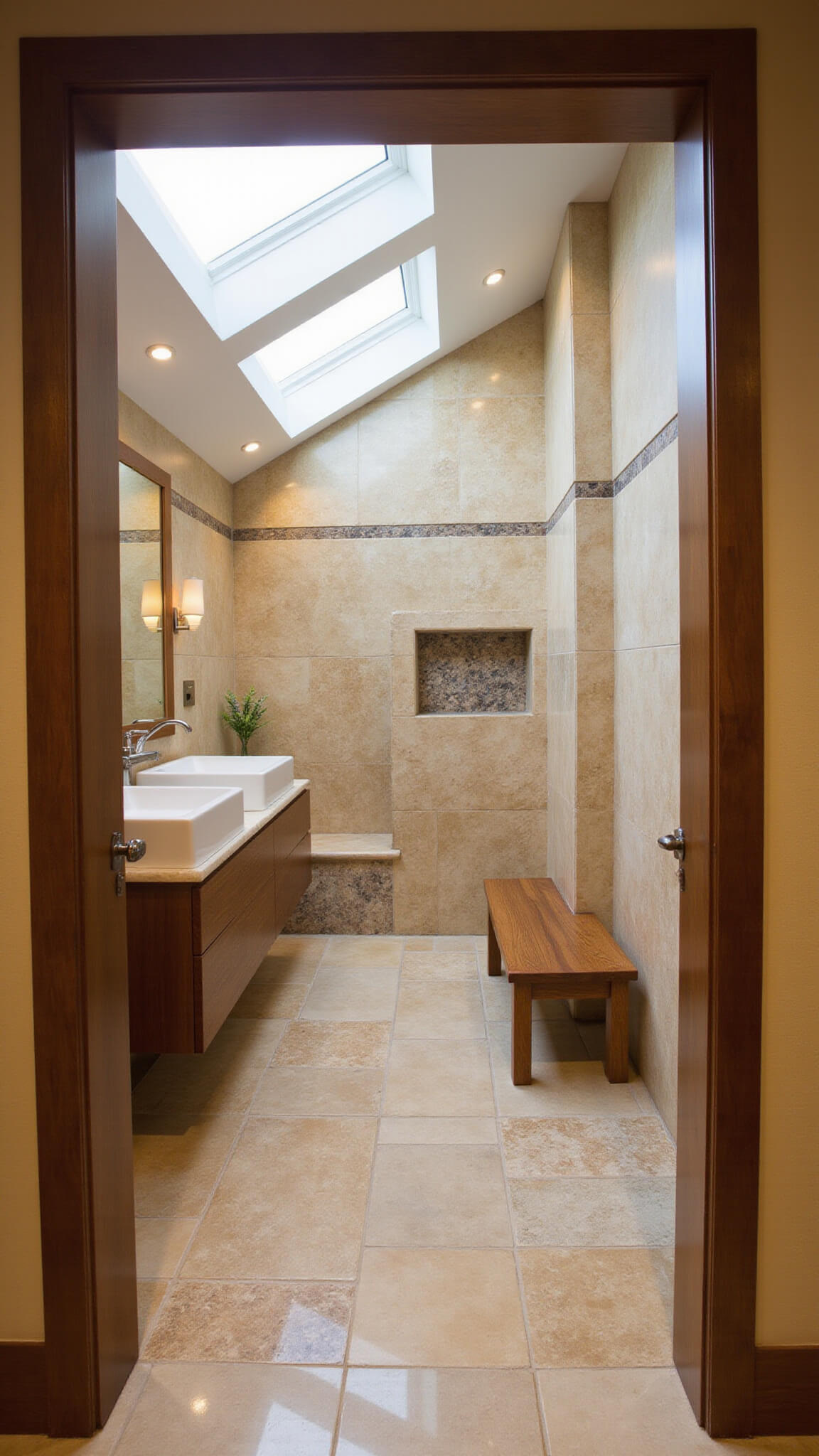 Zen-inspired bathroom with honey-toned travertine walls, river rock shower floor, limestone tiles, teak vanity and bench, skylights, and soft LED lighting.