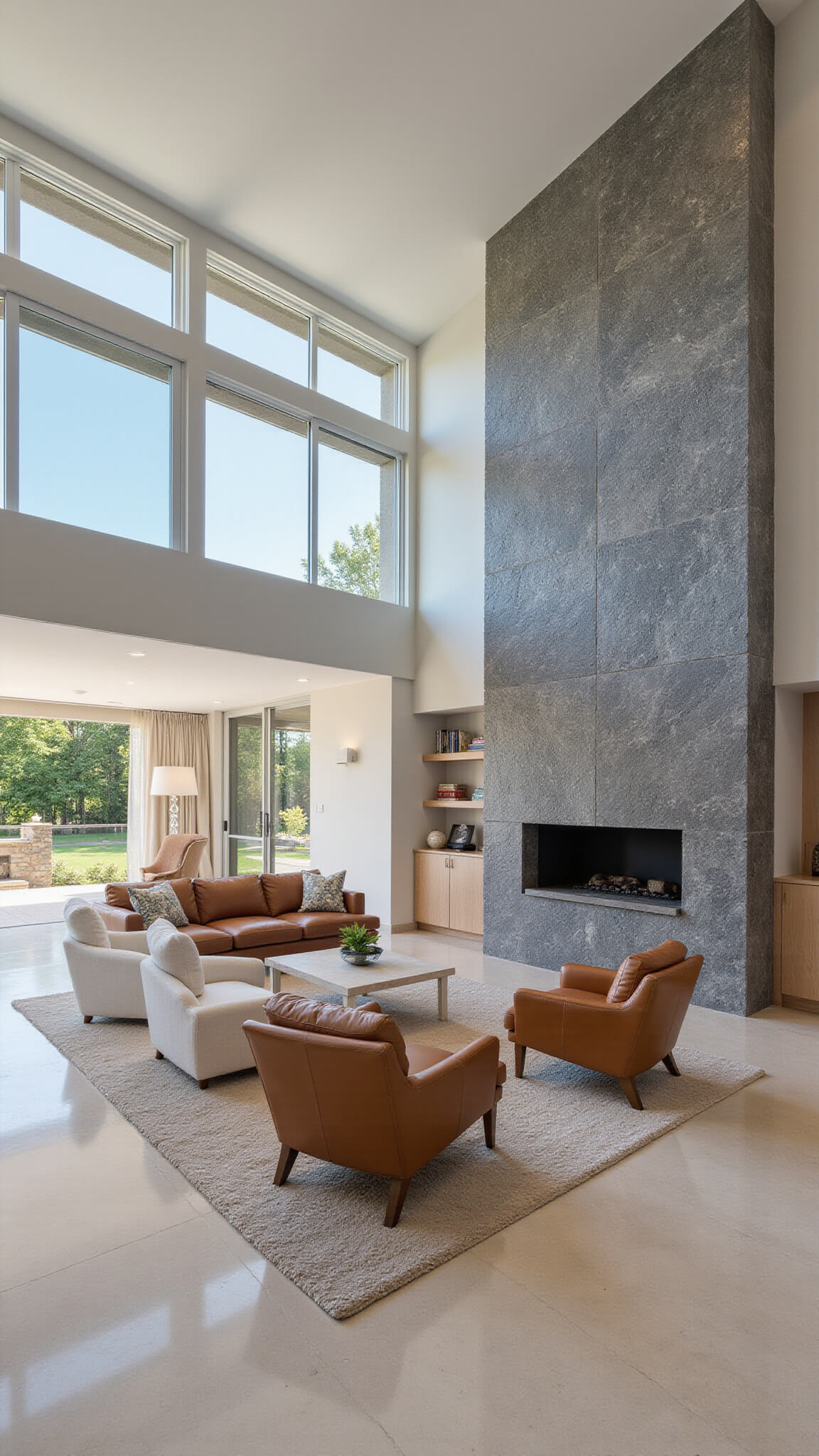 Open-concept living space with granite feature wall, marble floors, double-height windows, cognac leather and ivory bouclé seating, and grey limestone fireplace, viewed from mezzanine.