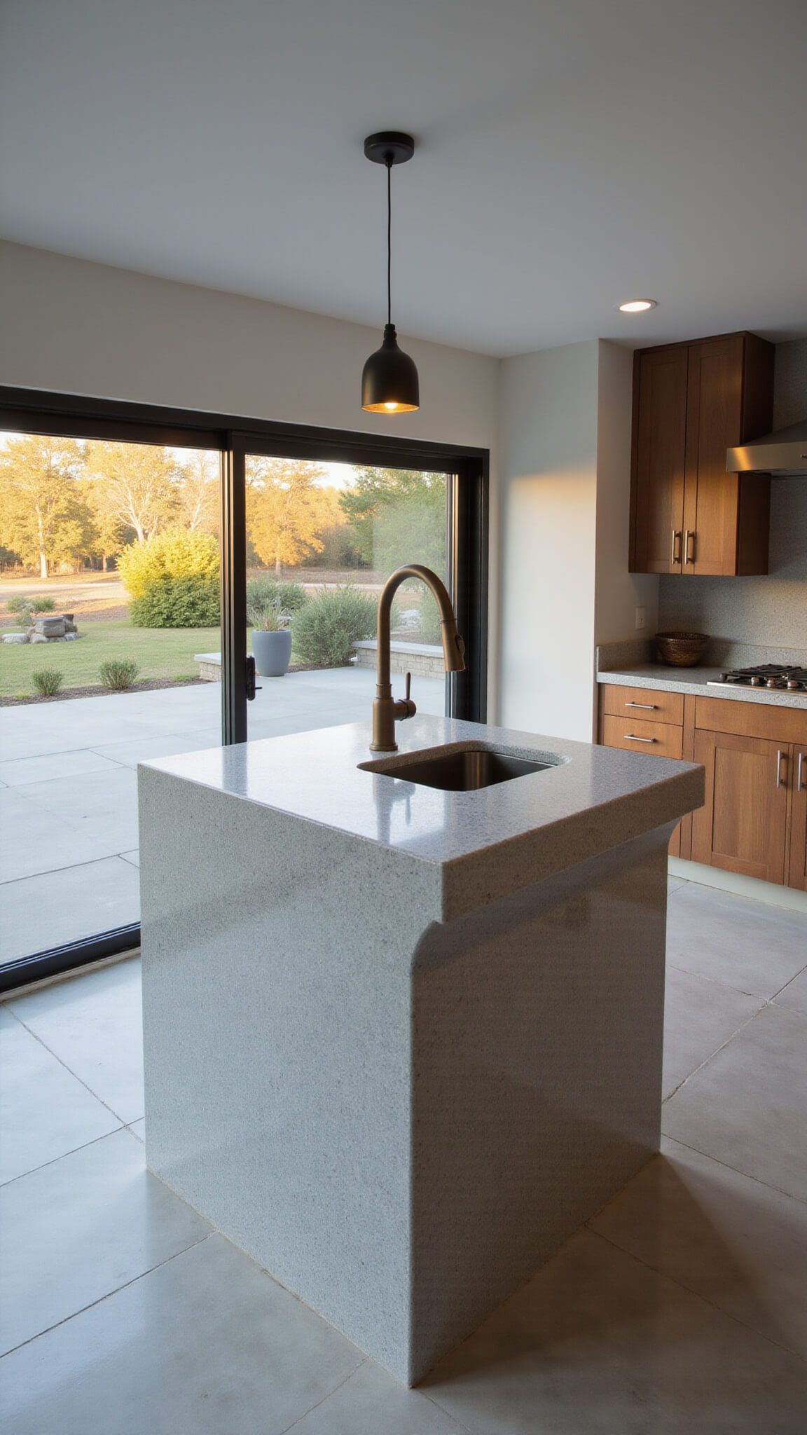 Indoor-outdoor kitchen with grey-blue quartzite countertops, walnut cabinetry, and sliding glass walls opening to a patio at golden hour.