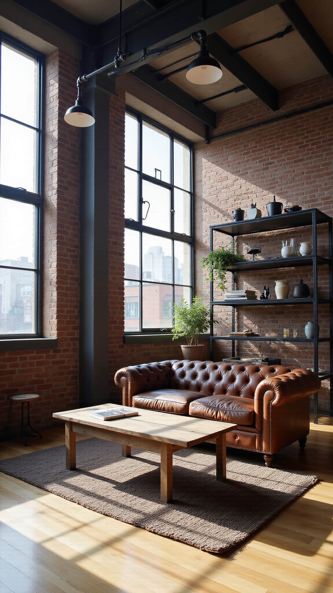 Sunlit industrial loft with exposed brick walls, leather Chesterfield sofa, reclaimed wood coffee table, and vintage pendant lighting.