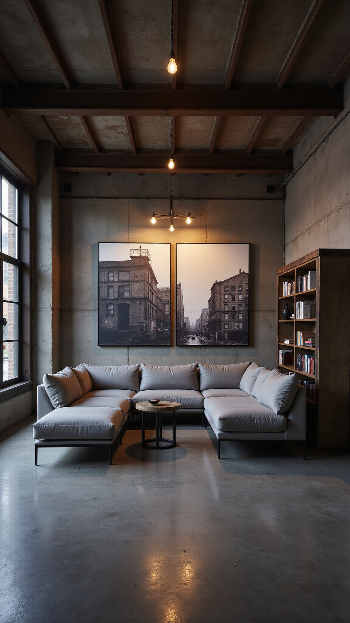 Moody industrial-style loft with concrete floors, steel beams, Edison lights, and modern grey sectional under large factory prints.