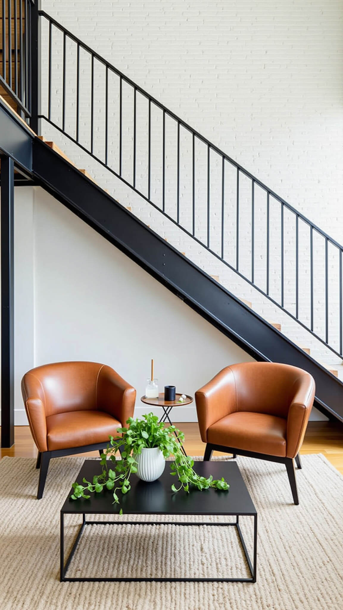 Minimalist industrial studio with white brick walls, black metal staircase, leather chairs, wood floors, and green plant accents in soft morning light.
