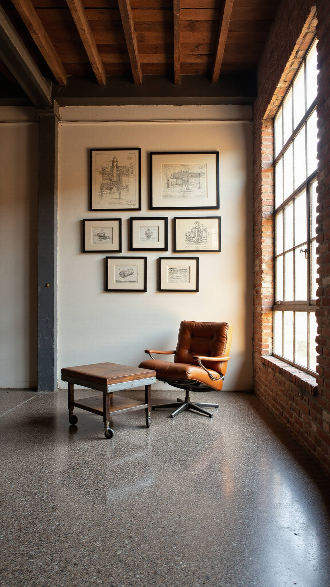 Vintage industrial gallery with golden hour light, terrazzo floors, timber beams, framed patents, leather lounger, and cart coffee table at 45-degree angle.