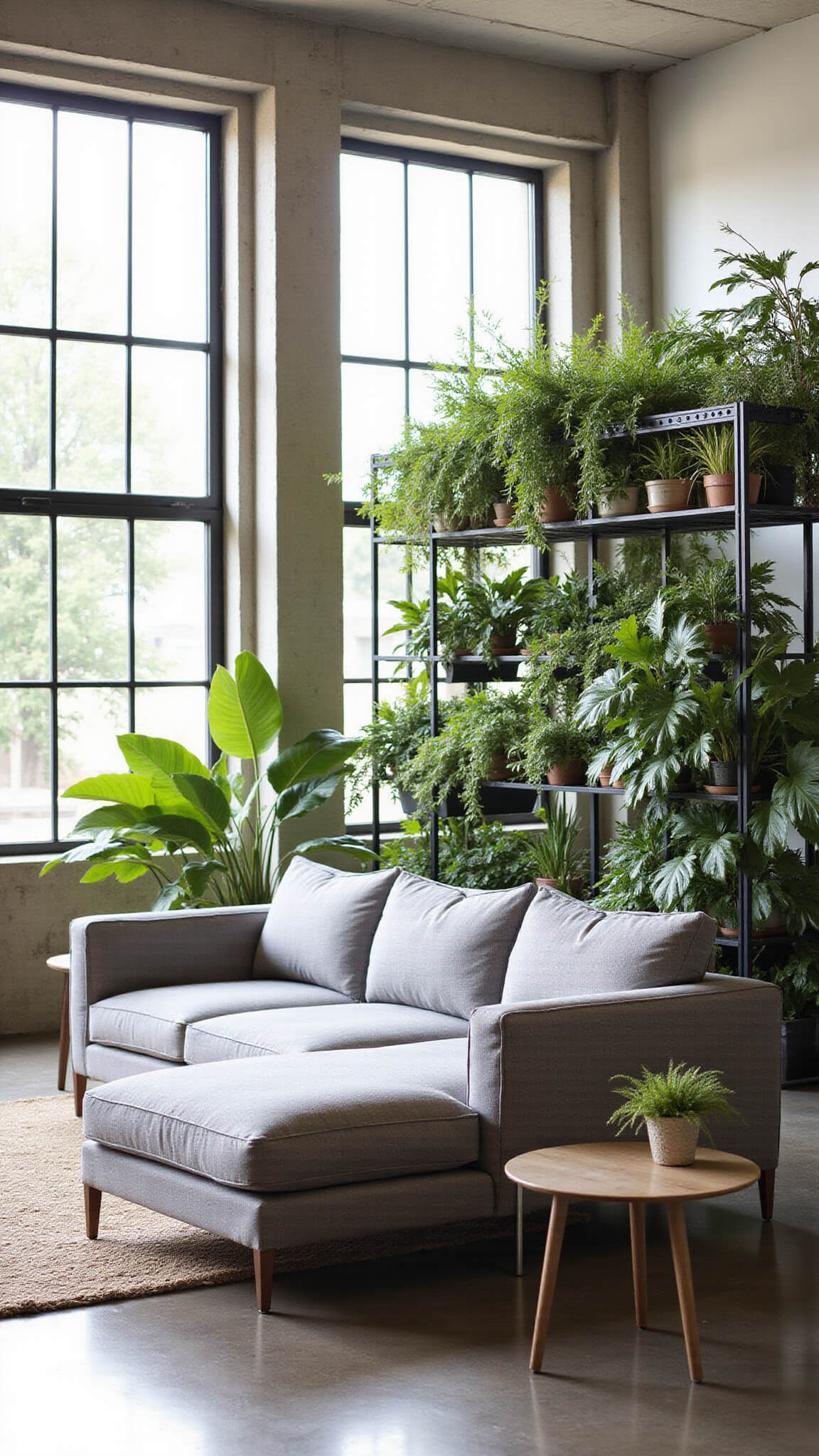 Light-filled industrial-style retreat with floor-to-ceiling windows, exposed concrete columns, tropical plants, metal furniture, and a grey linen sectional surrounded by steel shelving with greenery.