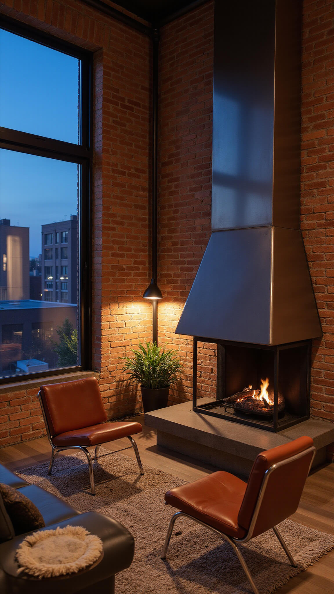 Cozy renovated brownstone with brick fireplace, modern steel surround, leather chairs, and city views at blue hour.
