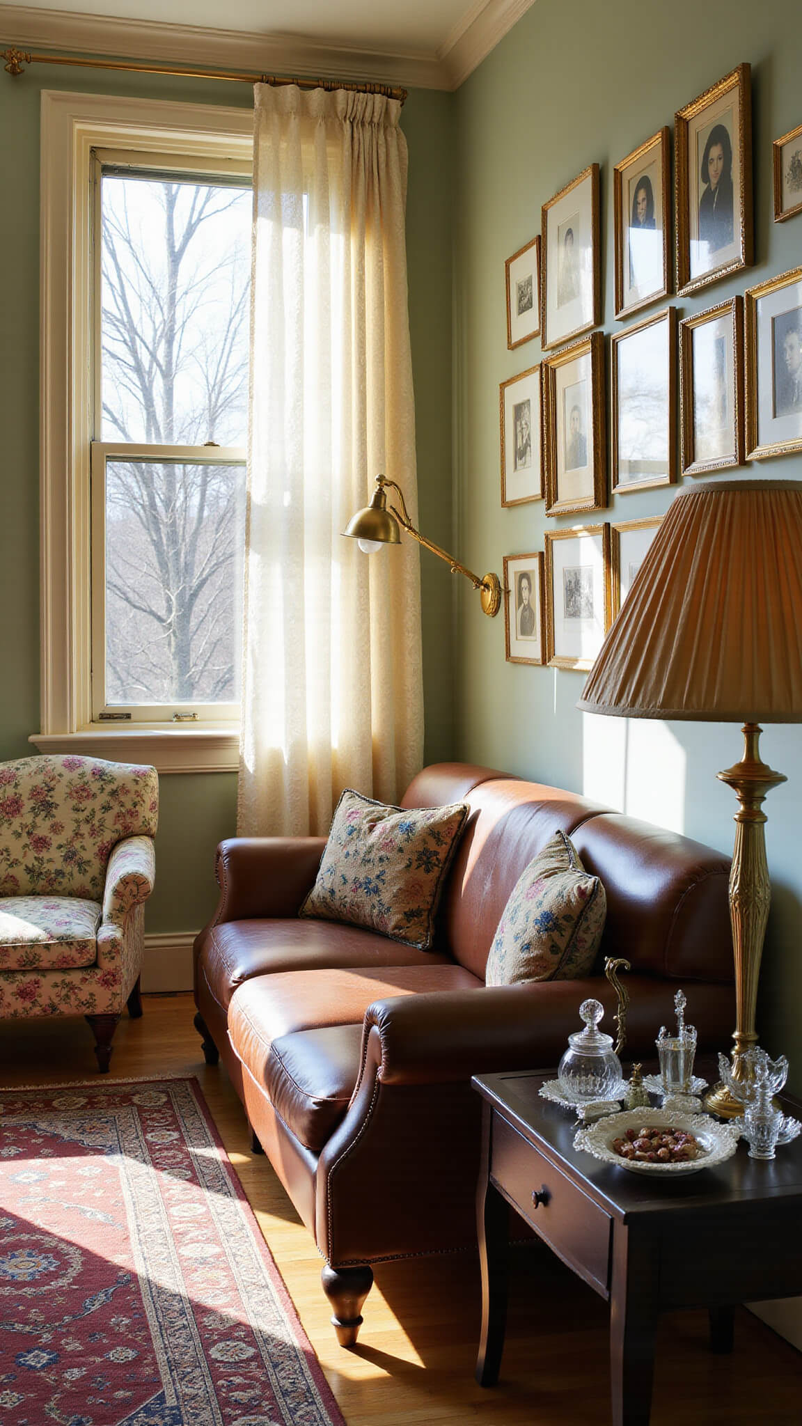 Sunlit vintage living room with floral chairs, leather sofa, Persian rug, and gallery wall at golden hour.