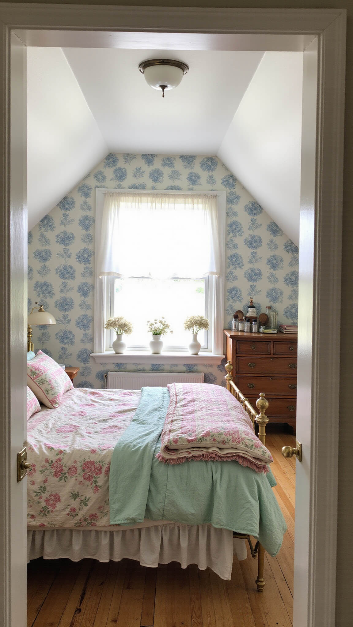 Cozy 12x14ft bedroom with sloped ceilings, dormer windows, brass bed with vintage quilts, dried hydrangeas on windowsill, Victorian dresser with vintage items, and powder blue toile wallpaper in morning light.