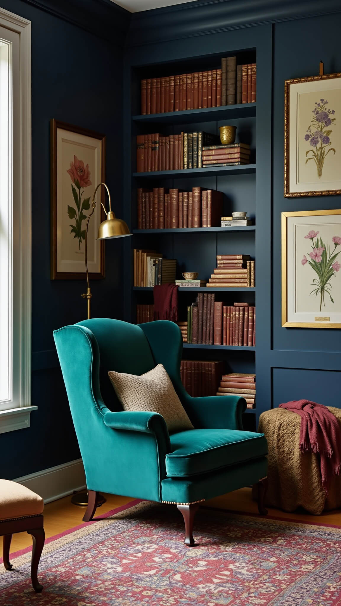 Moody blue hour view of a cozy reading nook with an emerald velvet wingback chair, brass lamp, leather-bound books, and rich decorative accents in jewel tones.