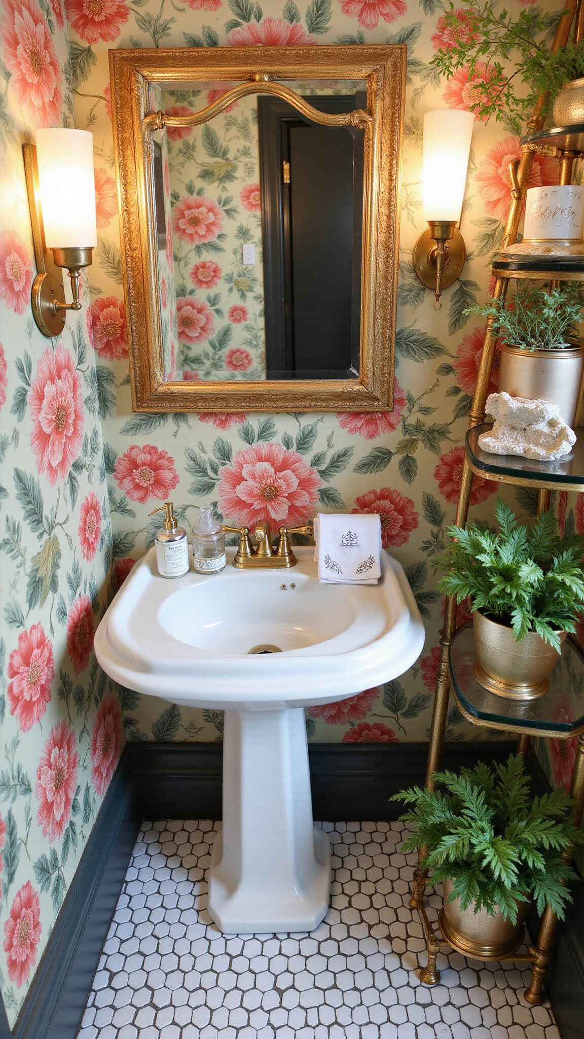 Overhead view of a 6x8ft vintage powder room with black and white hex tile floor, botanical wallpaper, pedestal sink, gilded mirror, and decorative shelves with plants and vintage accessories.