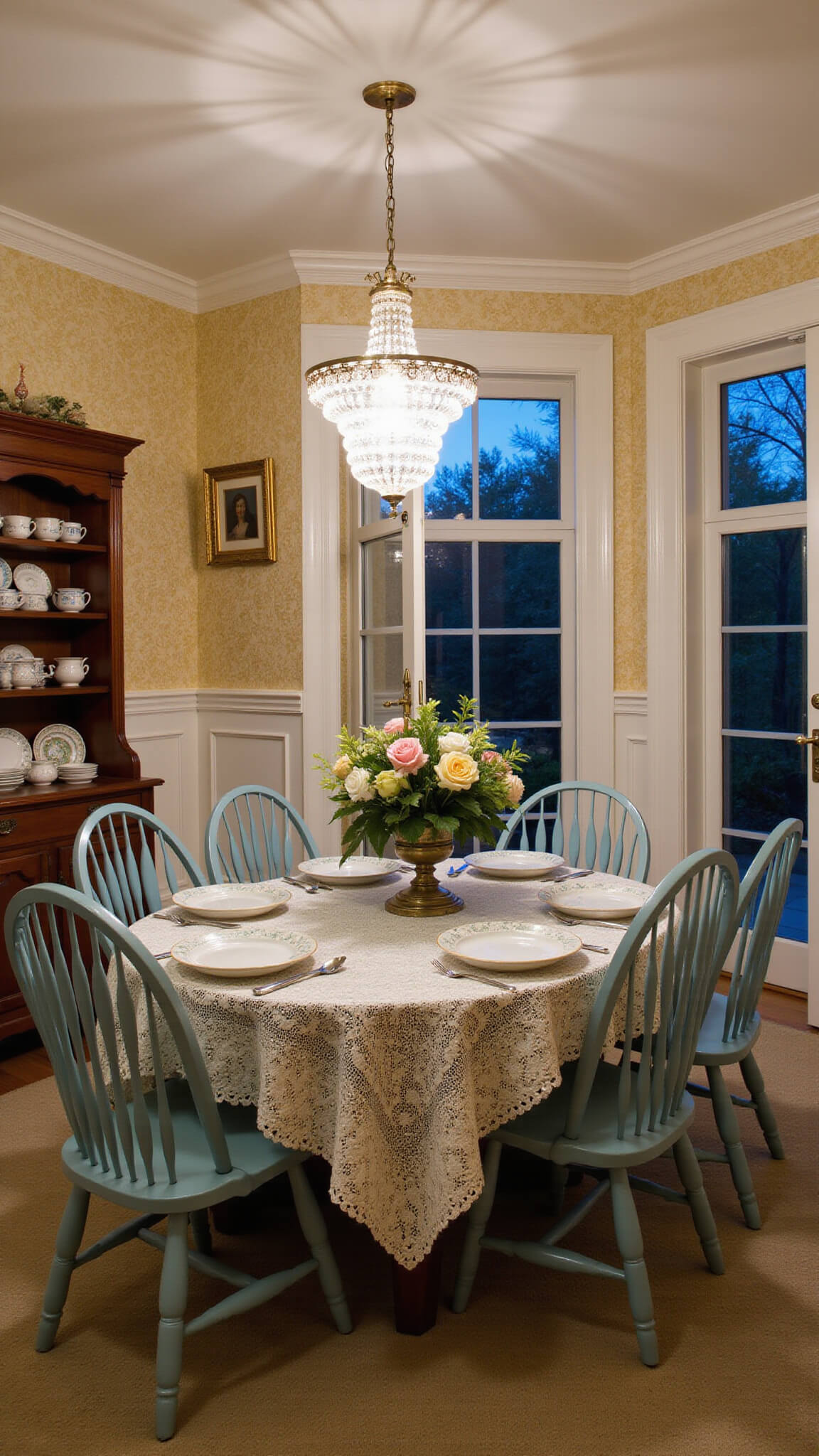 Elegant dining room at dusk viewed through French doors, featuring prismatic chandelier light over lace-covered mahogany table set with vintage china, duck egg blue Windsor chairs, and cream-gold damask wallpaper.