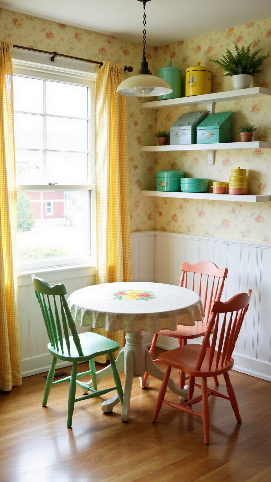 Sunlit breakfast nook with pastel mismatched chairs, retro fruit oilcloth on round table, jadeite dishware on open shelves, and yellow gingham curtains above white beadboard and floral wallpaper.