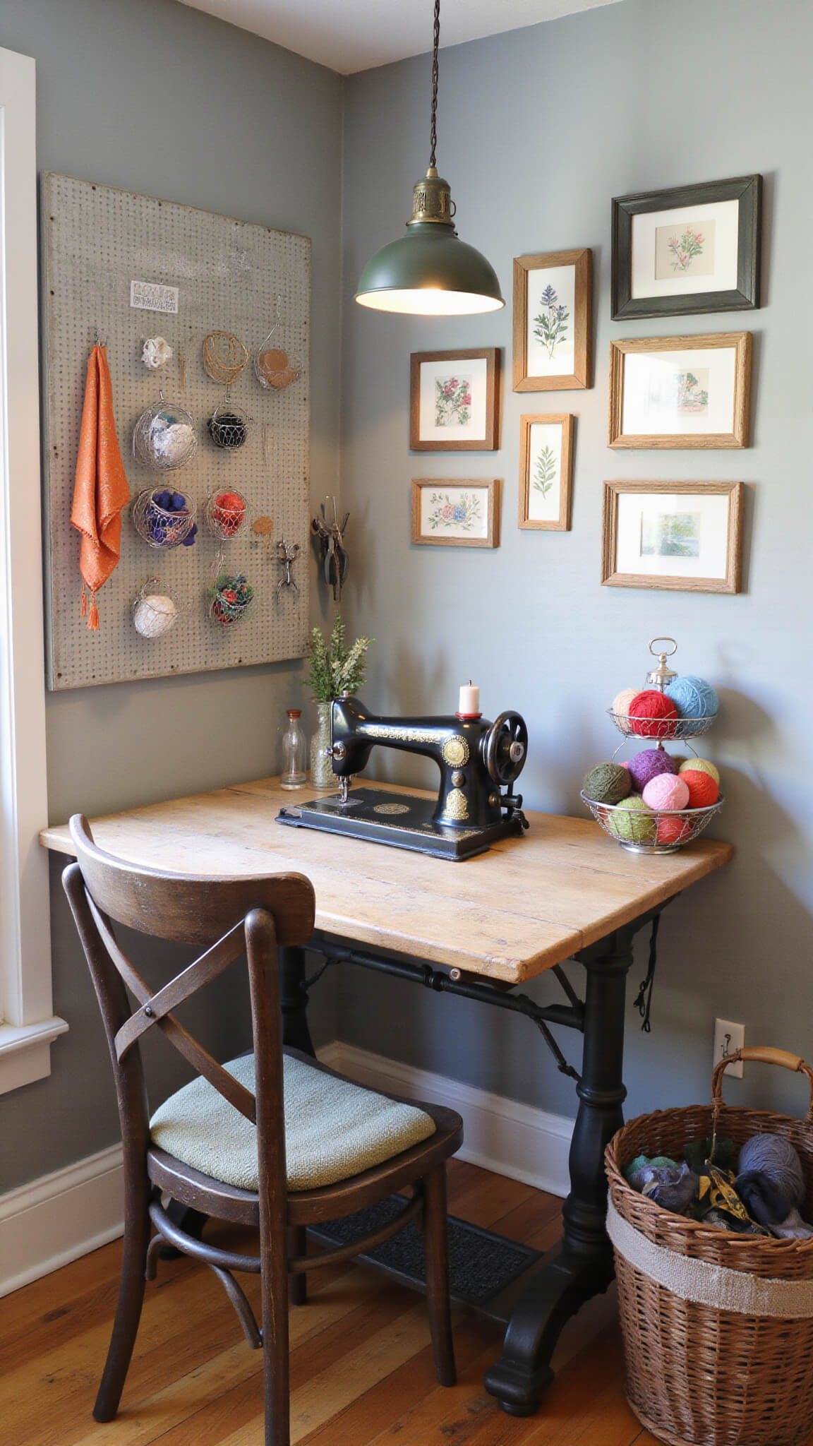 Overhead view of cozy craft room featuring vintage sewing machine on weathered farmhouse table, color-sorted yarn in glass jars, framed needlework on gallery wall, and organized tools on pegboard.
