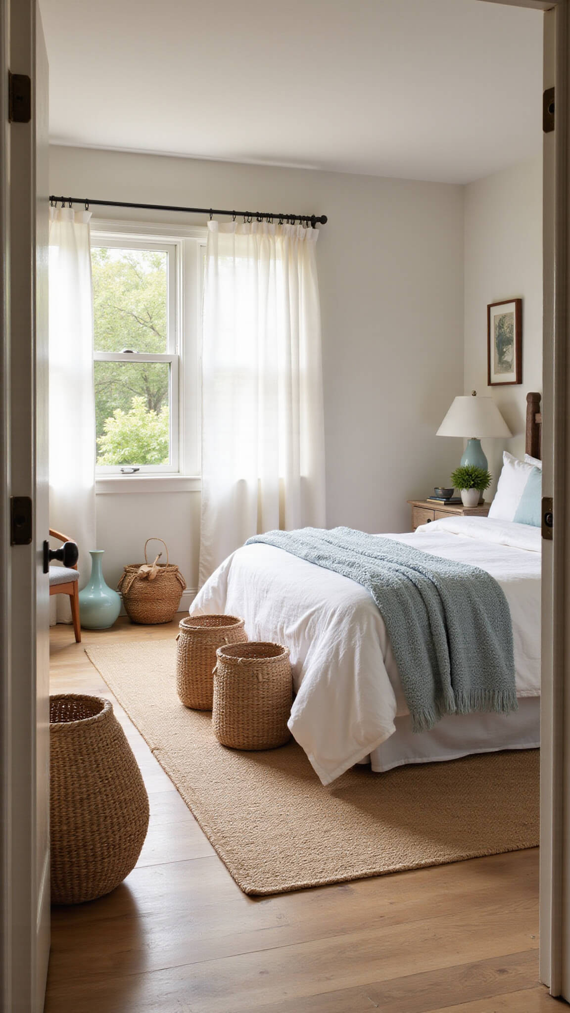 Coastal bedroom with king bed in soft sunlight, sheer curtains, white oak floors, rattan chair, and light blue accents.