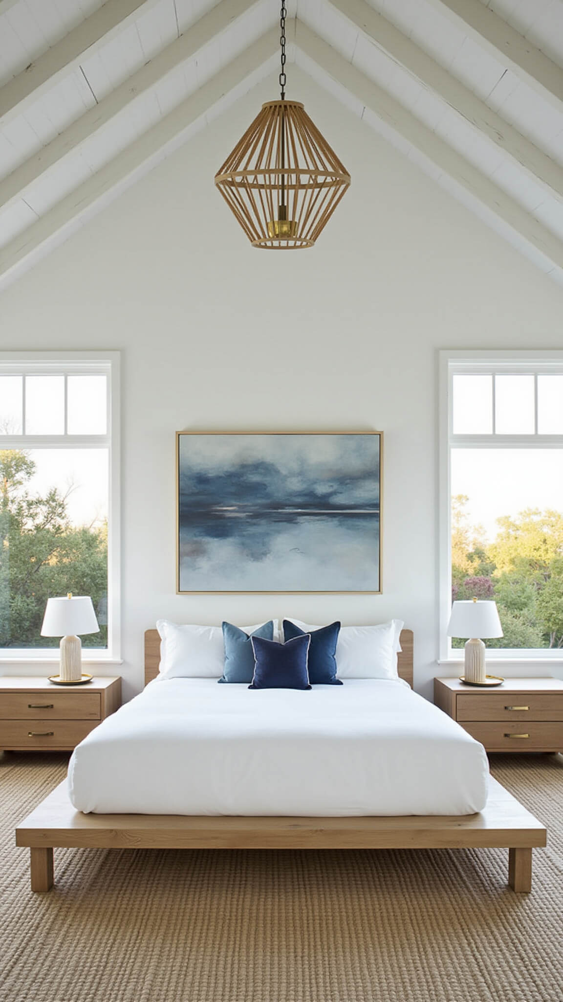 Modern coastal bedroom with high ceilings, minimalist oak bed, abstract blue-grey art, and golden hour light filtering through floor-to-ceiling windows.