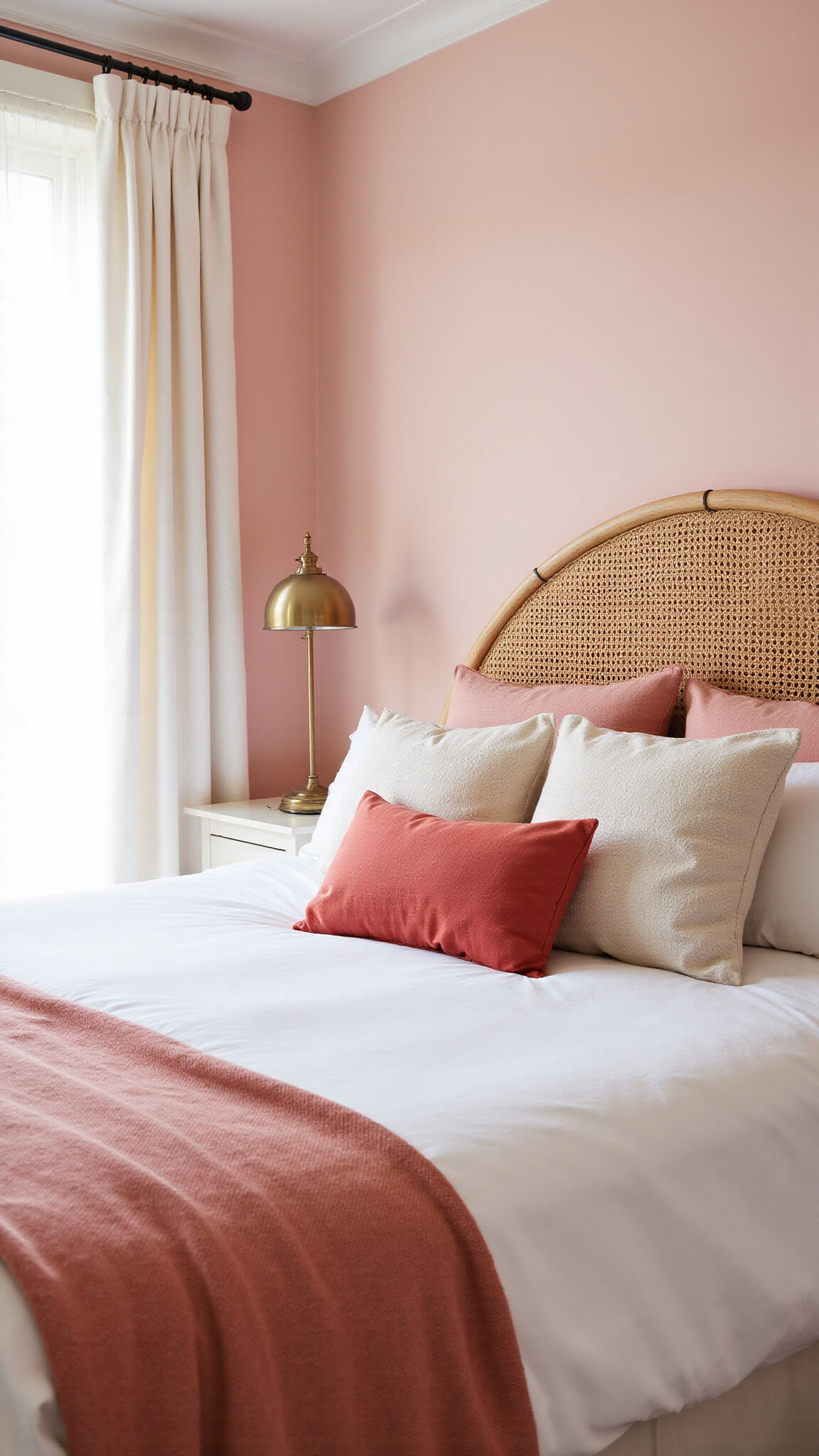 Midday-lit pink bedroom with blush walls, white linen bedding, coral accents, rattan headboard, textured pillows, brass floor lamp, and sheer curtains filtering soft light.