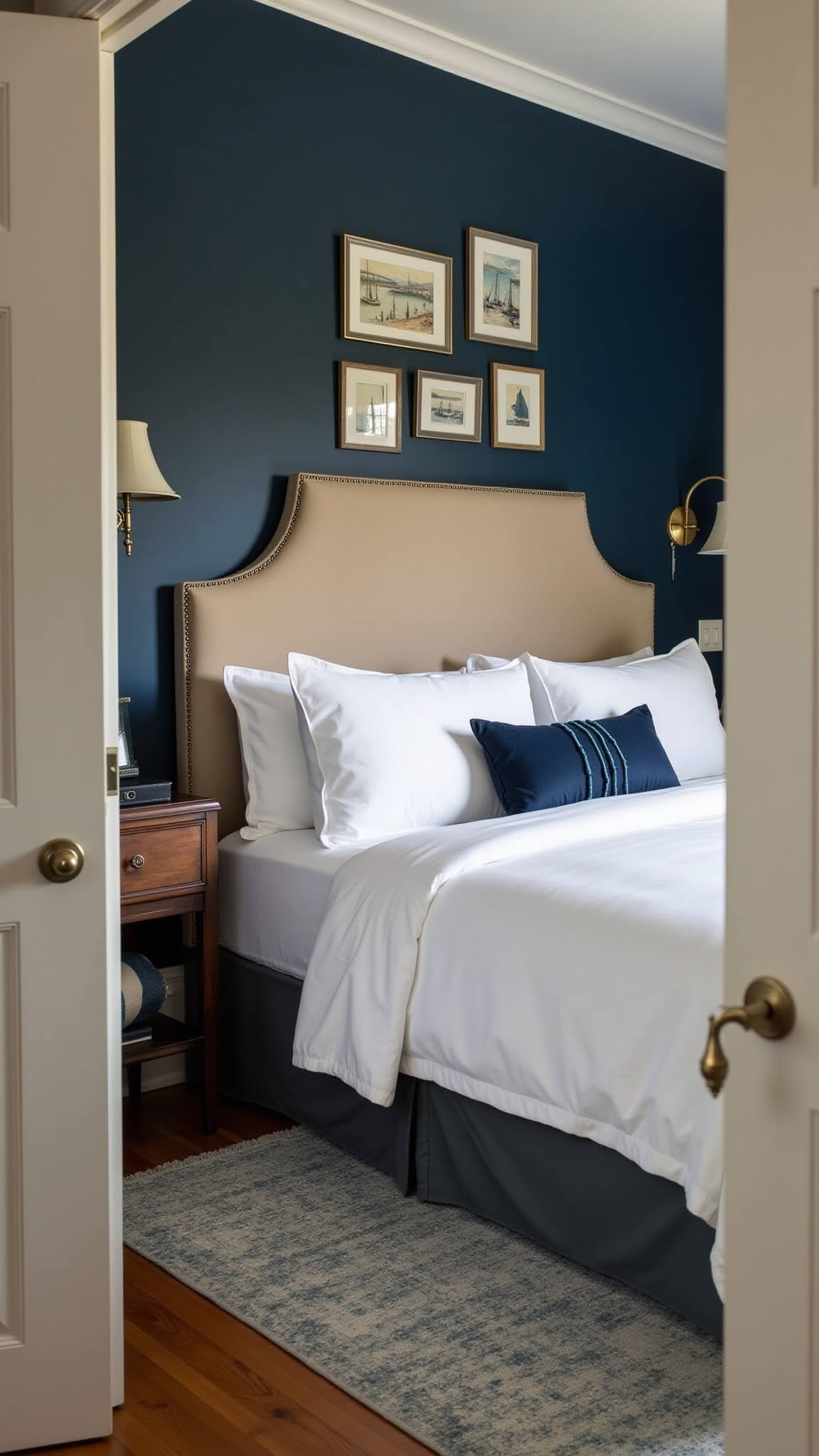 Moody coastal bedroom at twilight with navy accent wall, white bedding, beige headboard, brass sconces, layered vintage rugs, and asymmetrical maritime art.