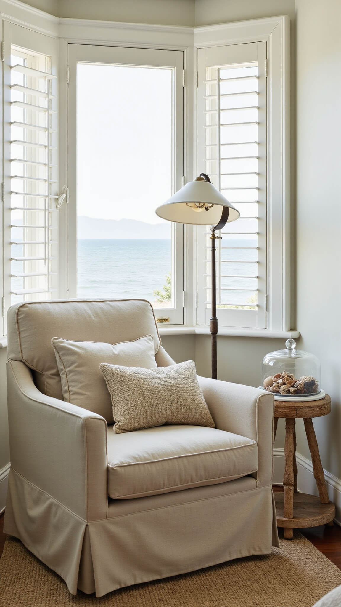 Coastal bedroom reading nook with oatmeal linen armchair, seashells under glass on wooden side table, and morning light through plantation shutters.