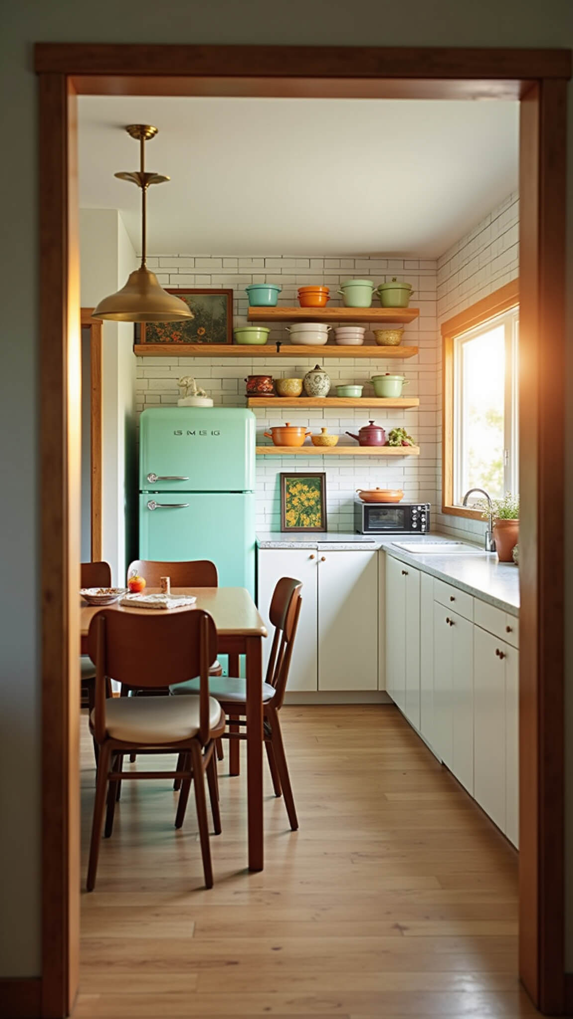 Warm, sunlit vintage modern kitchen with mint green SMEG fridge, pastel enamelware on oak shelves, mid-century dining set, and brass pendant lights.